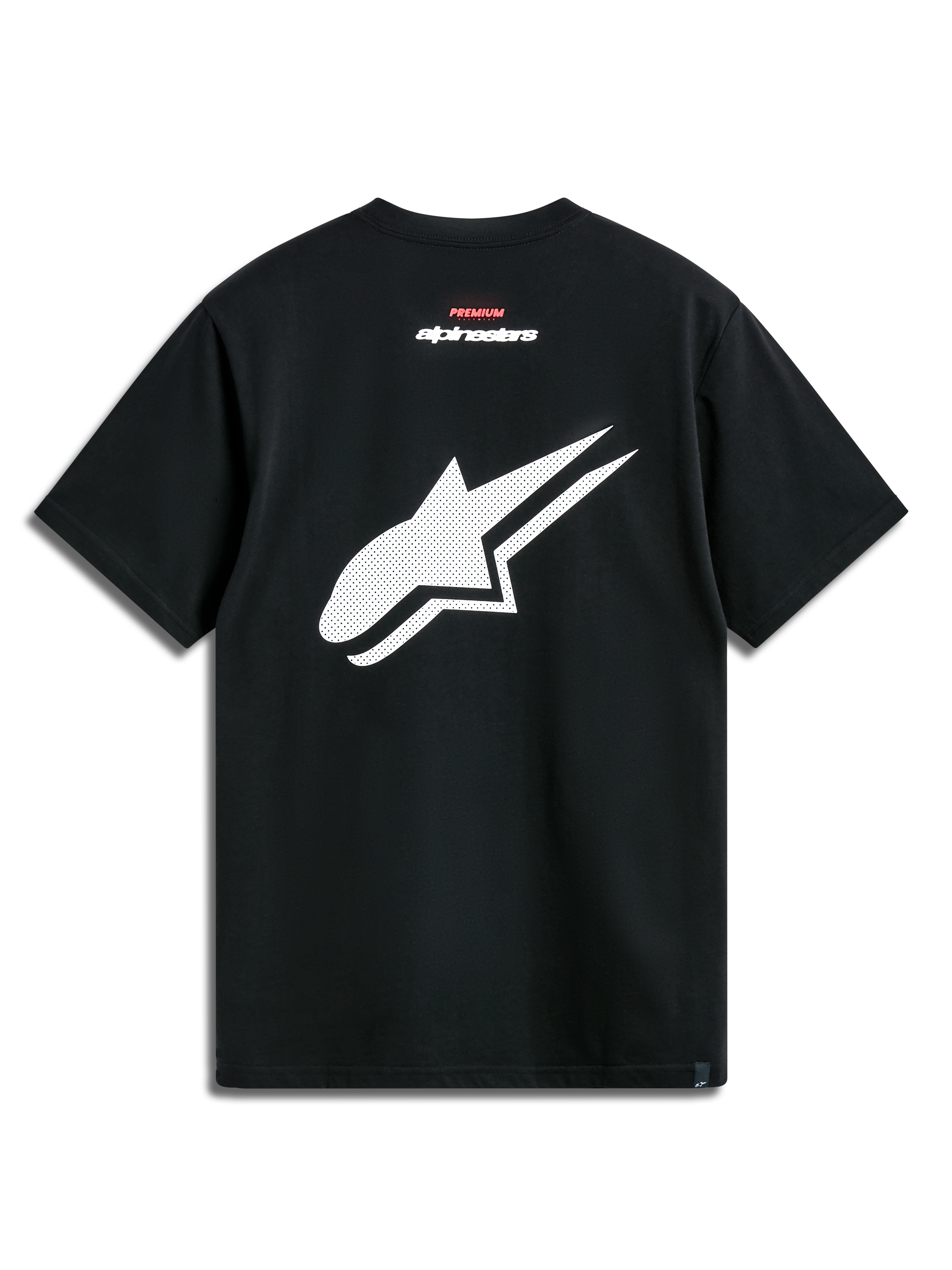 Alpinestars Formulate Csf Tee, maglietta a maniche corte, nero, vista posteriore con grande logo Astars bianco traforato e scritte rosse e bianche, abbigliamento casual motorsport streetwear