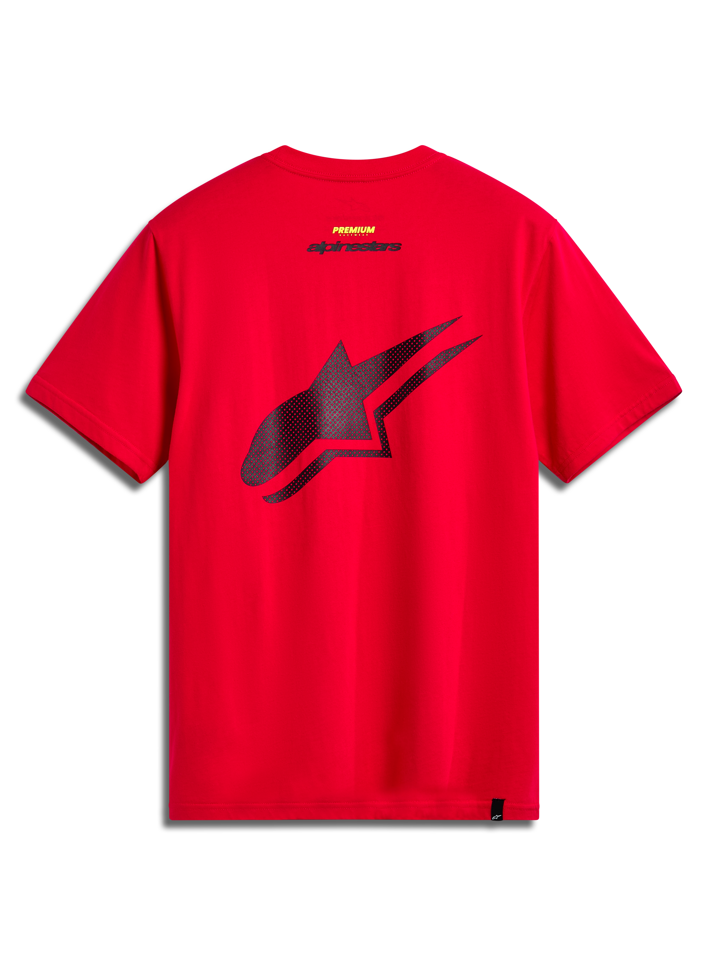 Alpinestars Formulate CSF Tee, t-shirt a maniche corte, rosso, vista posteriore con grande logo Astars nero traforato, stile casual sportivo motorsport