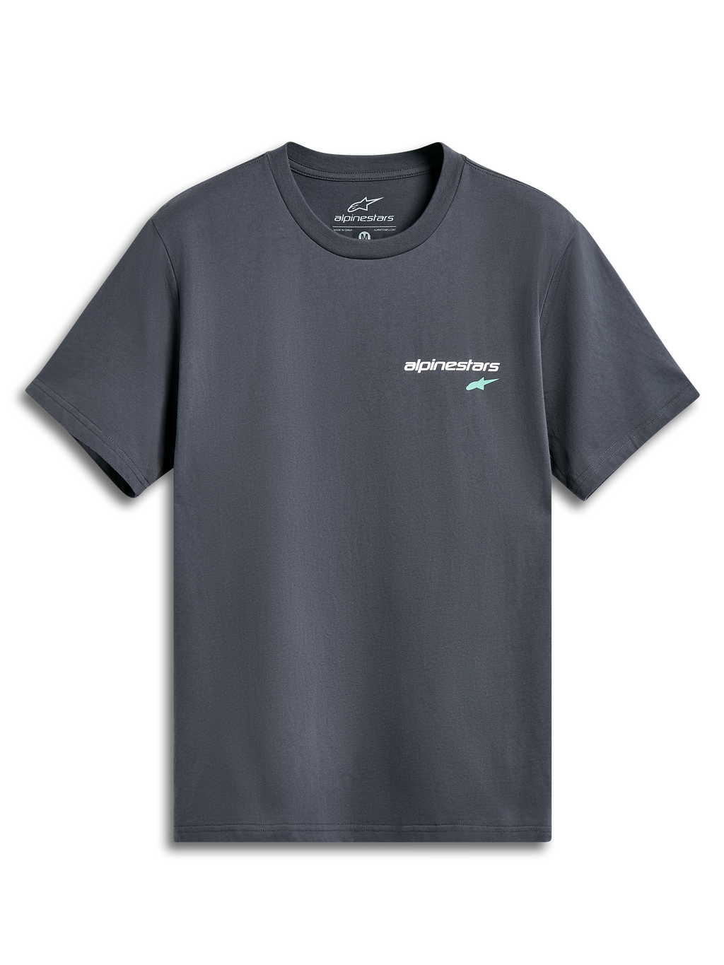 Alpinestars No Barrier CSF Tee, t-shirt a maniche corte, grigio antracite, piccolo logo testuale bianco con stella verde menta sul petto, abbigliamento casual ispirato al motorsport