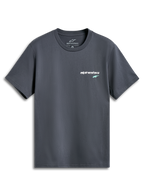 Alpinestars No Barrier CSF Tee, t-shirt a maniche corte, grigio antracite, piccolo logo testuale bianco con stella verde menta sul petto, abbigliamento casual ispirato al motorsport
