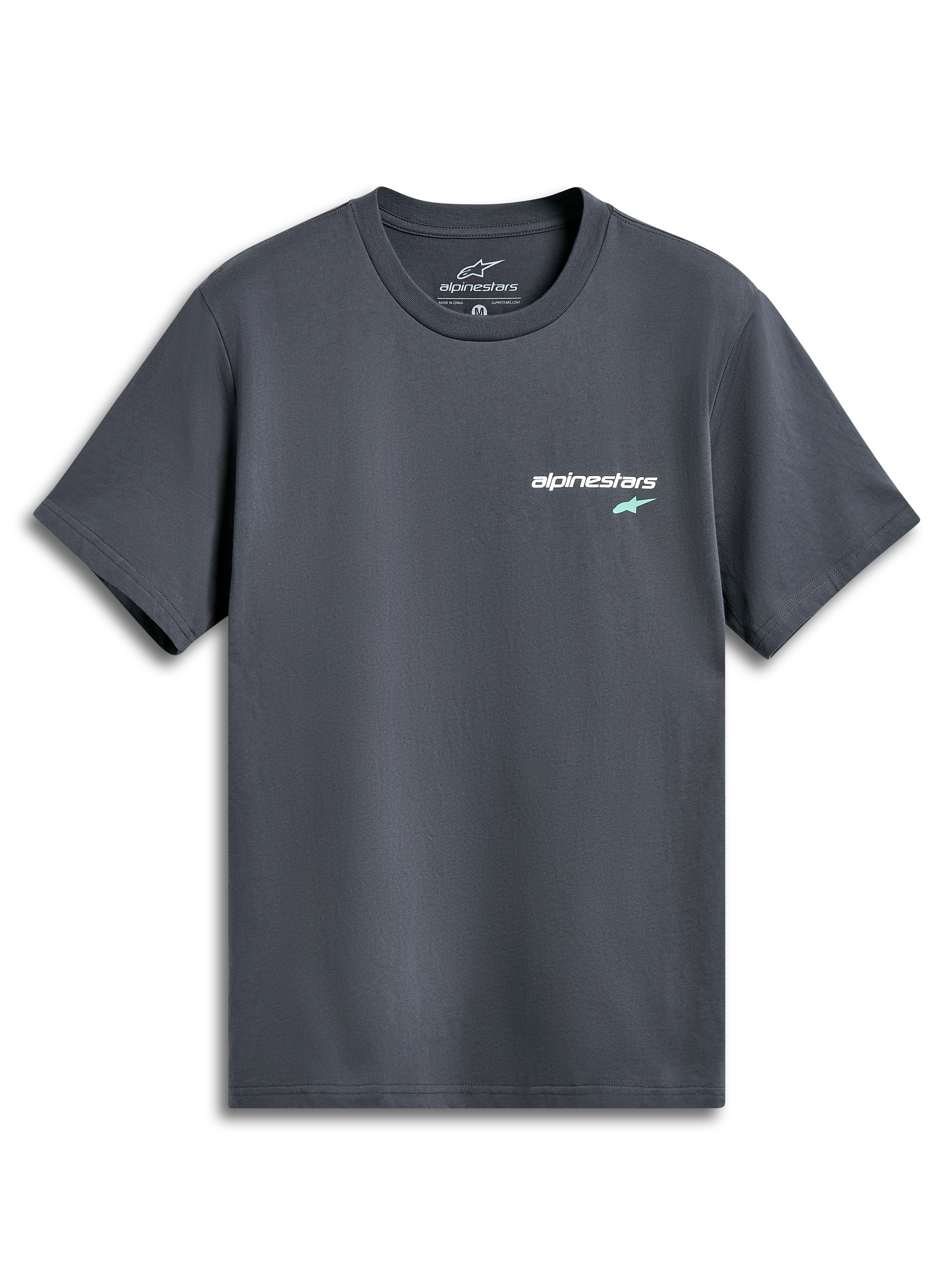 Alpinestars No Barrier CSF Tee, t-shirt a maniche corte, grigio antracite, piccolo logo testuale bianco con stella verde menta sul petto, abbigliamento casual ispirato al motorsport