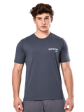 Alpinestars No Barrier CSF Tee, maglietta a maniche corte, grigio scuro, logo Alpinestars bianco con stella verde acqua sul petto, abbigliamento casual motorsport streetwear