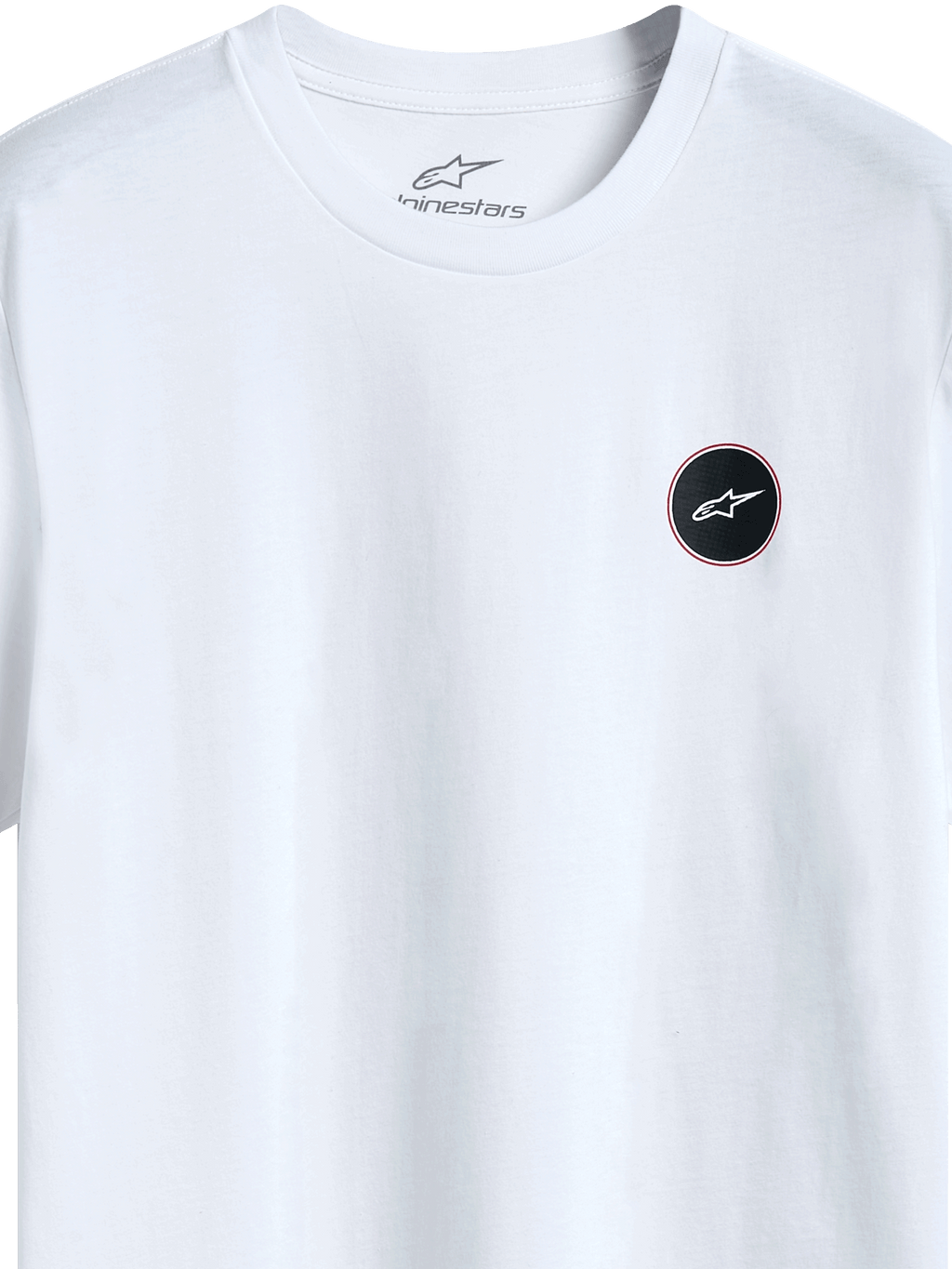 Alpinestars Dot Carbon Csf Tee, t-shirt a maniche corte, bianco, vista dettagliata del logo circolare nero con riempimento effetto fibra di carbonio e stella bianca, stampa interna sul collo, streetwear casual motorsport