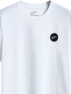 Alpinestars Dot Carbon Csf Tee, t-shirt a maniche corte, bianco, vista dettagliata del logo circolare nero con riempimento effetto fibra di carbonio e stella bianca, stampa interna sul collo, streetwear casual motorsport