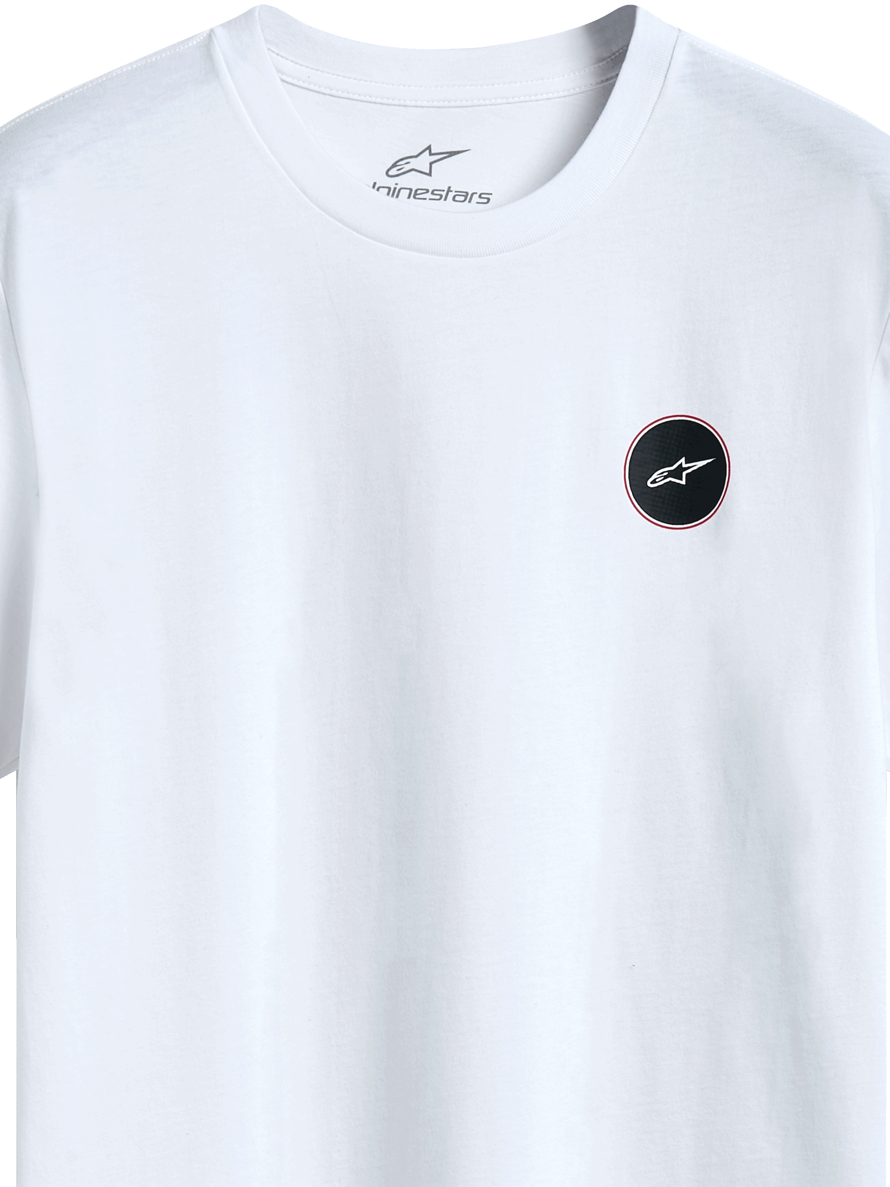 Alpinestars Dot Carbon Csf Tee, t-shirt a maniche corte, bianco, vista dettagliata del logo circolare nero con riempimento effetto fibra di carbonio e stella bianca, stampa interna sul collo, streetwear casual motorsport