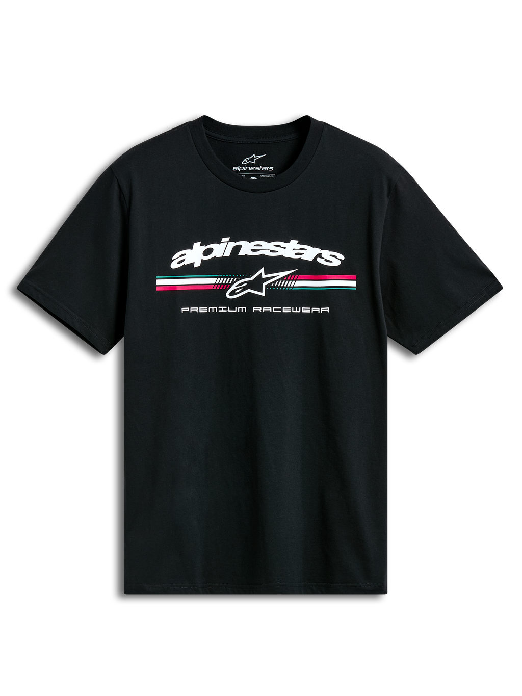 T-Shirt Prevail Csf, maglietta a maniche corte nera, logo tricolore stile paddock e scritta white sul petto, stile sportswear casual