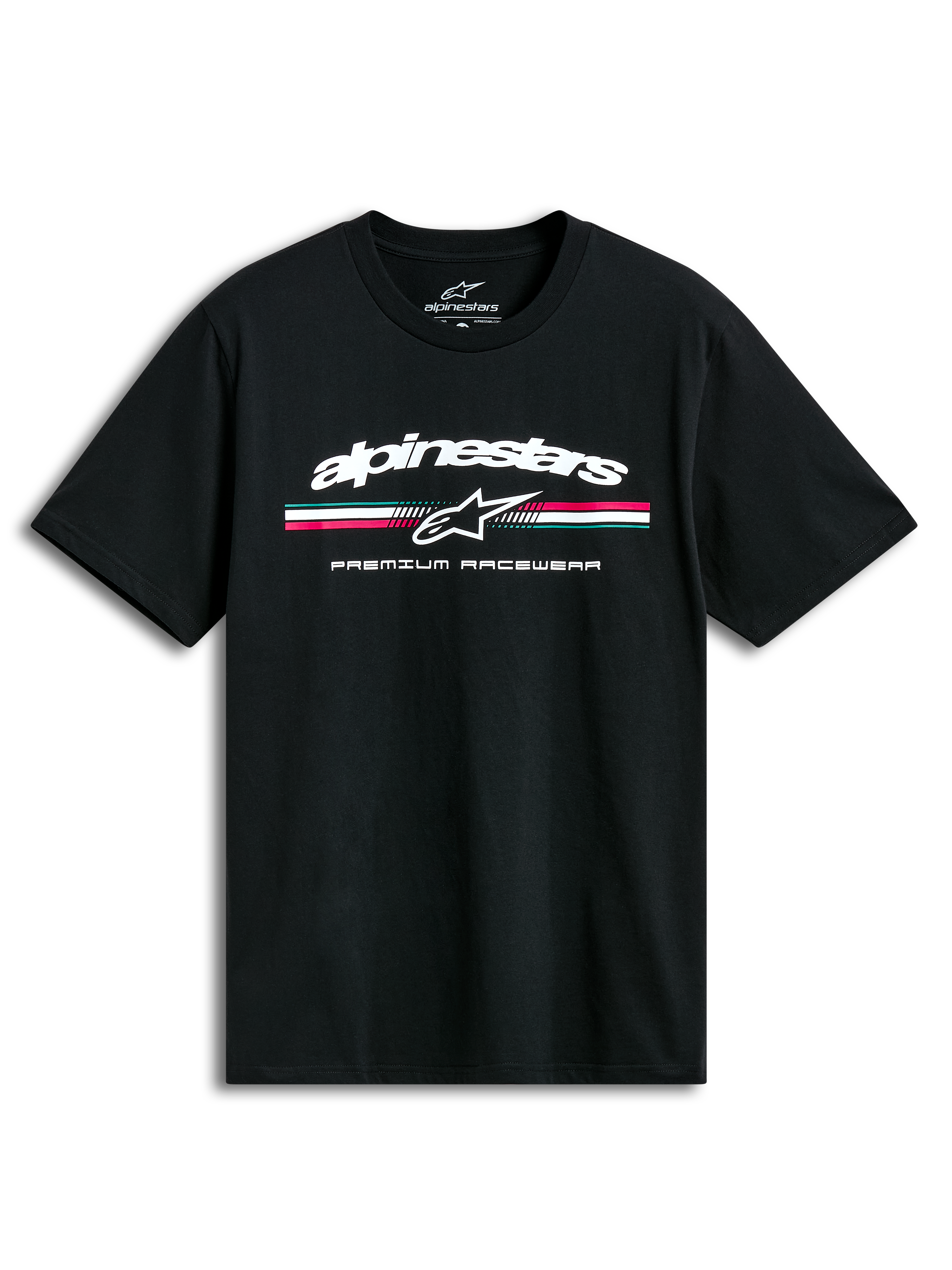 T-Shirt Prevail Csf, maglietta a maniche corte nera, logo tricolore stile paddock e scritta white sul petto, stile sportswear casual