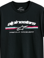 Alpinestars Prevail CSF Tee, t-shirt a maniche corte, nero, logo Alpinestars bianco con striscia tricolore ottanio, rosa e bianco, grafica Premium Racewear, abbigliamento sportivo casual motorsport