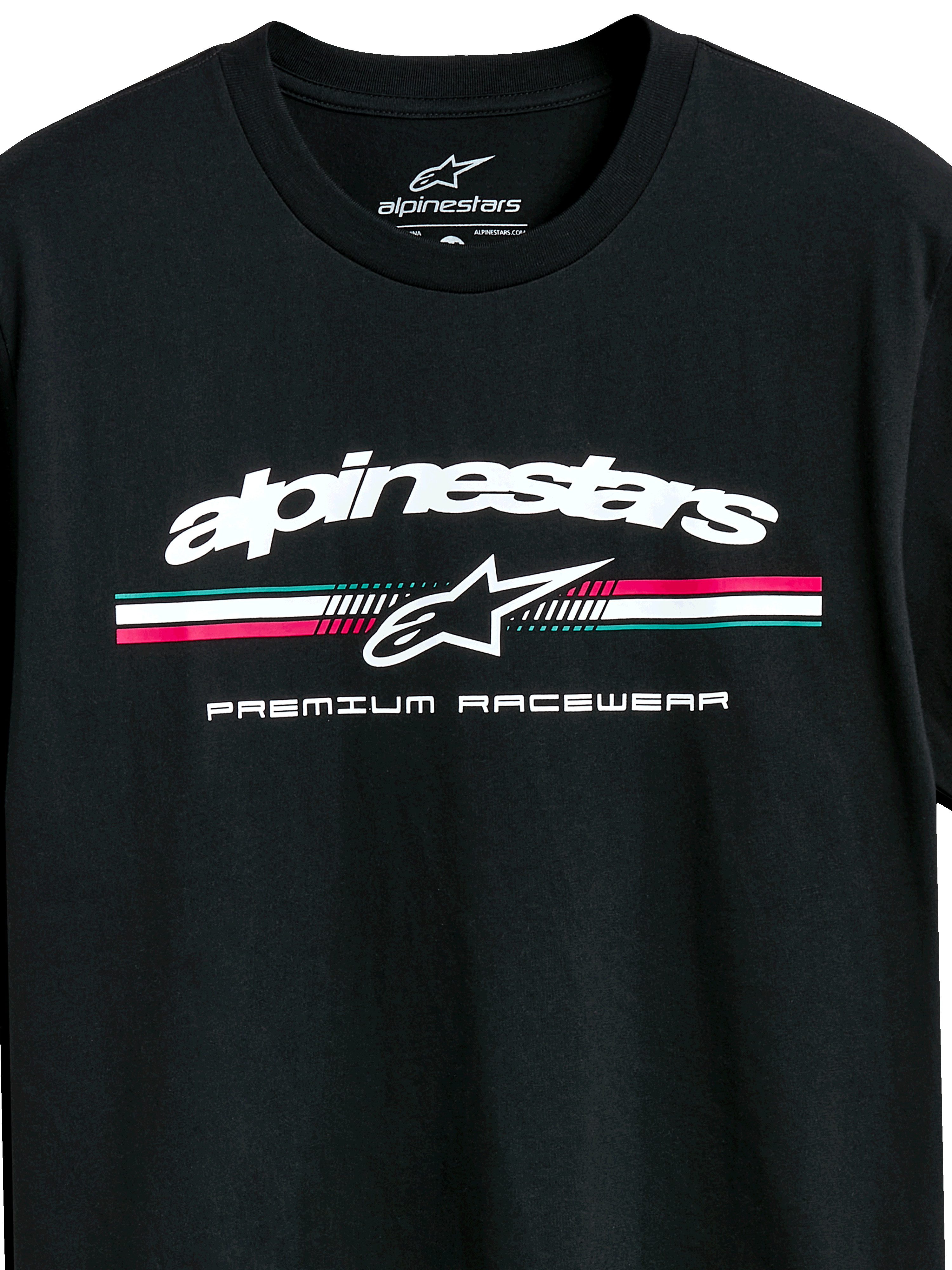 Alpinestars Prevail CSF Tee, t-shirt a maniche corte, nero, logo Alpinestars bianco con striscia tricolore ottanio, rosa e bianco, grafica Premium Racewear, abbigliamento sportivo casual motorsport