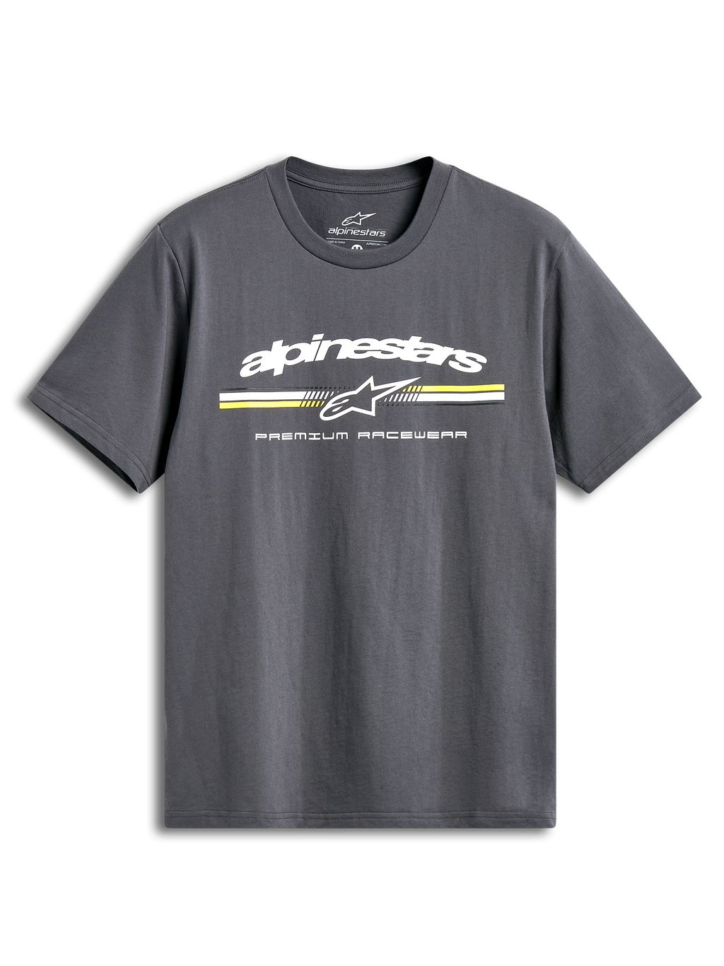 Alpinestars T-Shirt Prevail CSF, maglietta a maniche corte grigia con logo a strisce tricolore stile paddock sul davanti, sportswear casual