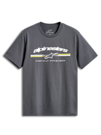 Alpinestars T-Shirt Prevail CSF, maglietta a maniche corte grigia con logo a strisce tricolore stile paddock sul davanti, sportswear casual