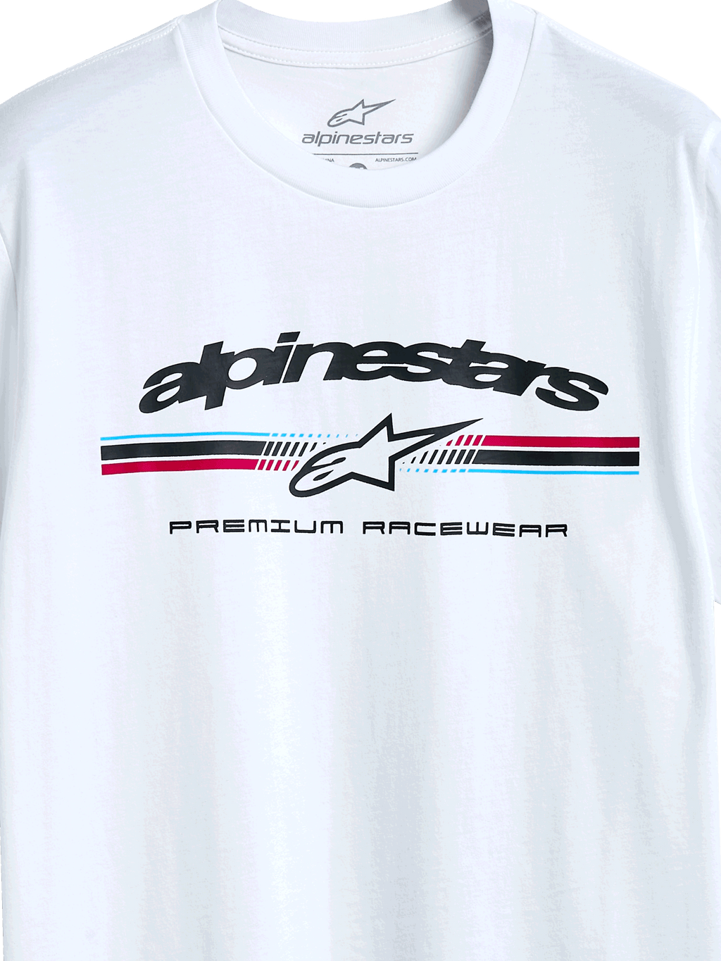 Alpinestars Prevail CSF Tee, t-shirt a maniche corte, bianca, logo con strisce tricolore stile paddock, icona della stella Alpinestars e scritta Premium Racewear, design casual ispirato al motorsport