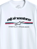 Alpinestars Prevail CSF Tee, t-shirt a maniche corte, bianca, logo con strisce tricolore stile paddock, icona della stella Alpinestars e scritta Premium Racewear, design casual ispirato al motorsport
