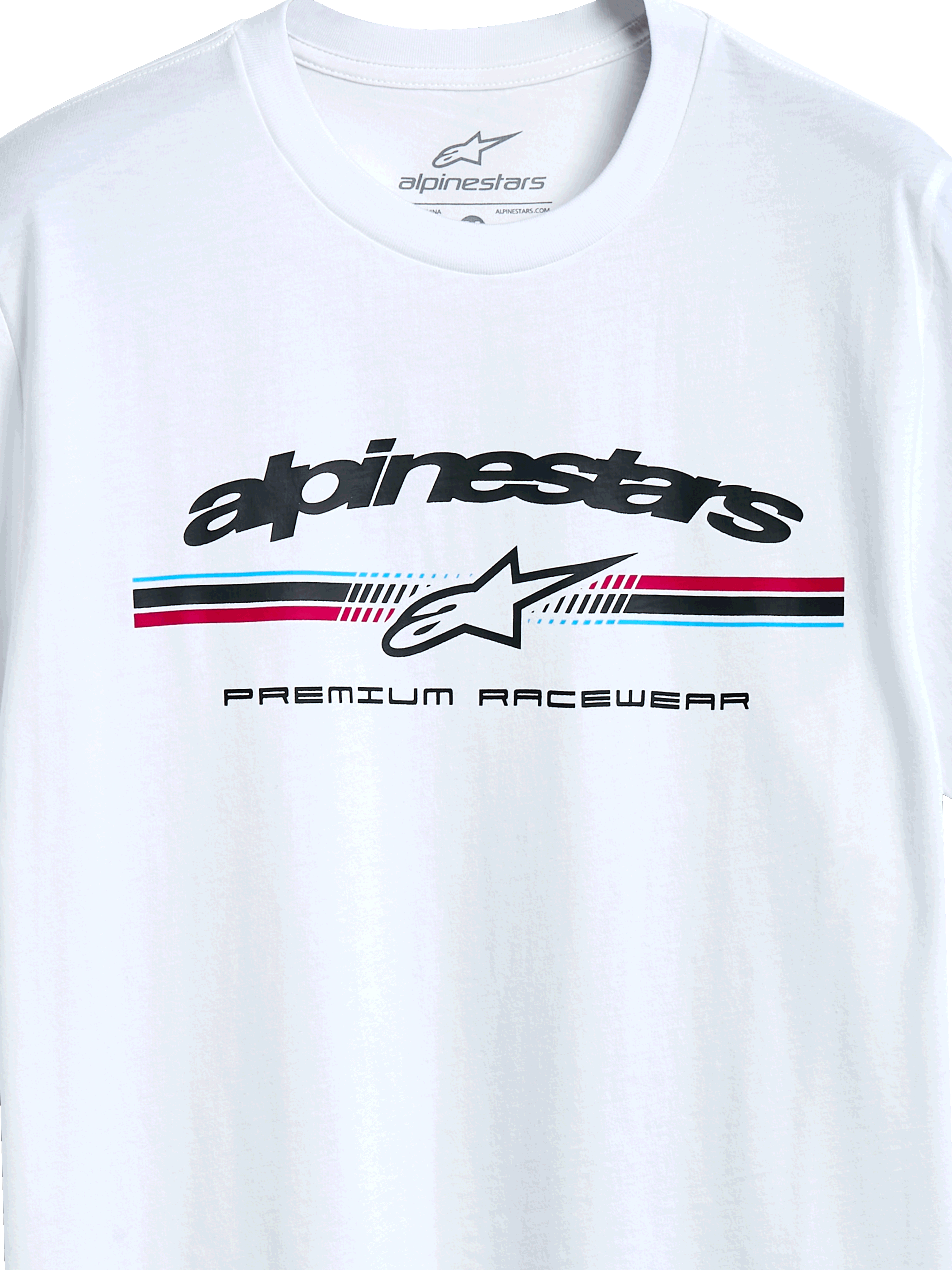Alpinestars Prevail CSF Tee, t-shirt a maniche corte, bianca, logo con strisce tricolore stile paddock, icona della stella Alpinestars e scritta Premium Racewear, design casual ispirato al motorsport