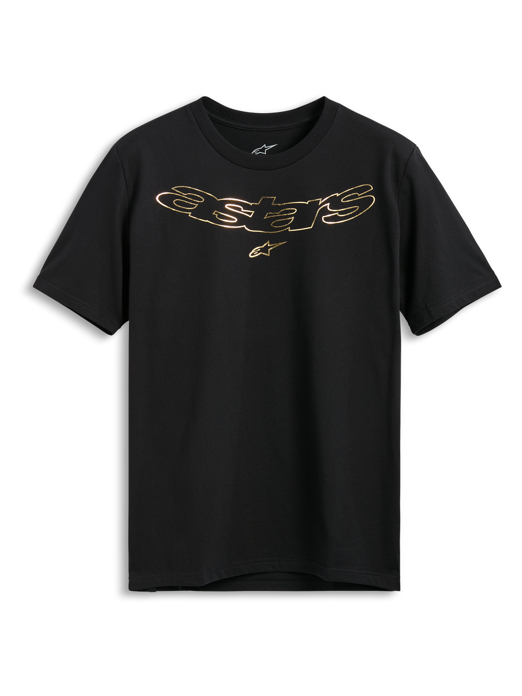 Alpinestars Luxo CSF Tee, maglietta a maniche corte, nera, logo Astars in oro metallizzato con simbolo della stella sul petto, abbigliamento casual motorsport