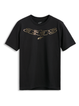 Alpinestars Luxo CSF Tee, maglietta a maniche corte, nera, logo Astars in oro metallizzato con simbolo della stella sul petto, abbigliamento casual motorsport