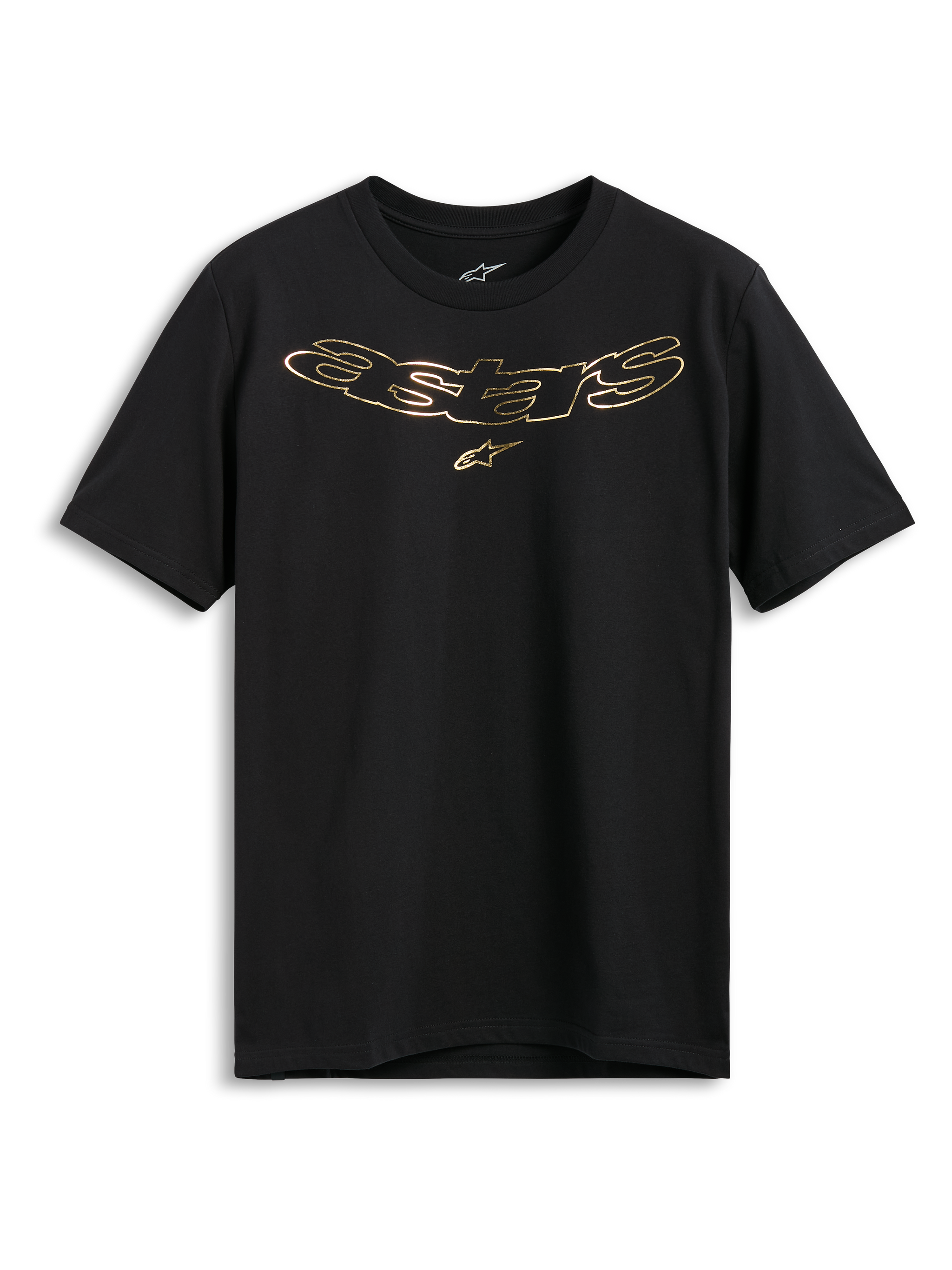 Alpinestars Luxo CSF Tee, maglietta a maniche corte, nera, logo Astars in oro metallizzato con simbolo della stella sul petto, abbigliamento casual motorsport