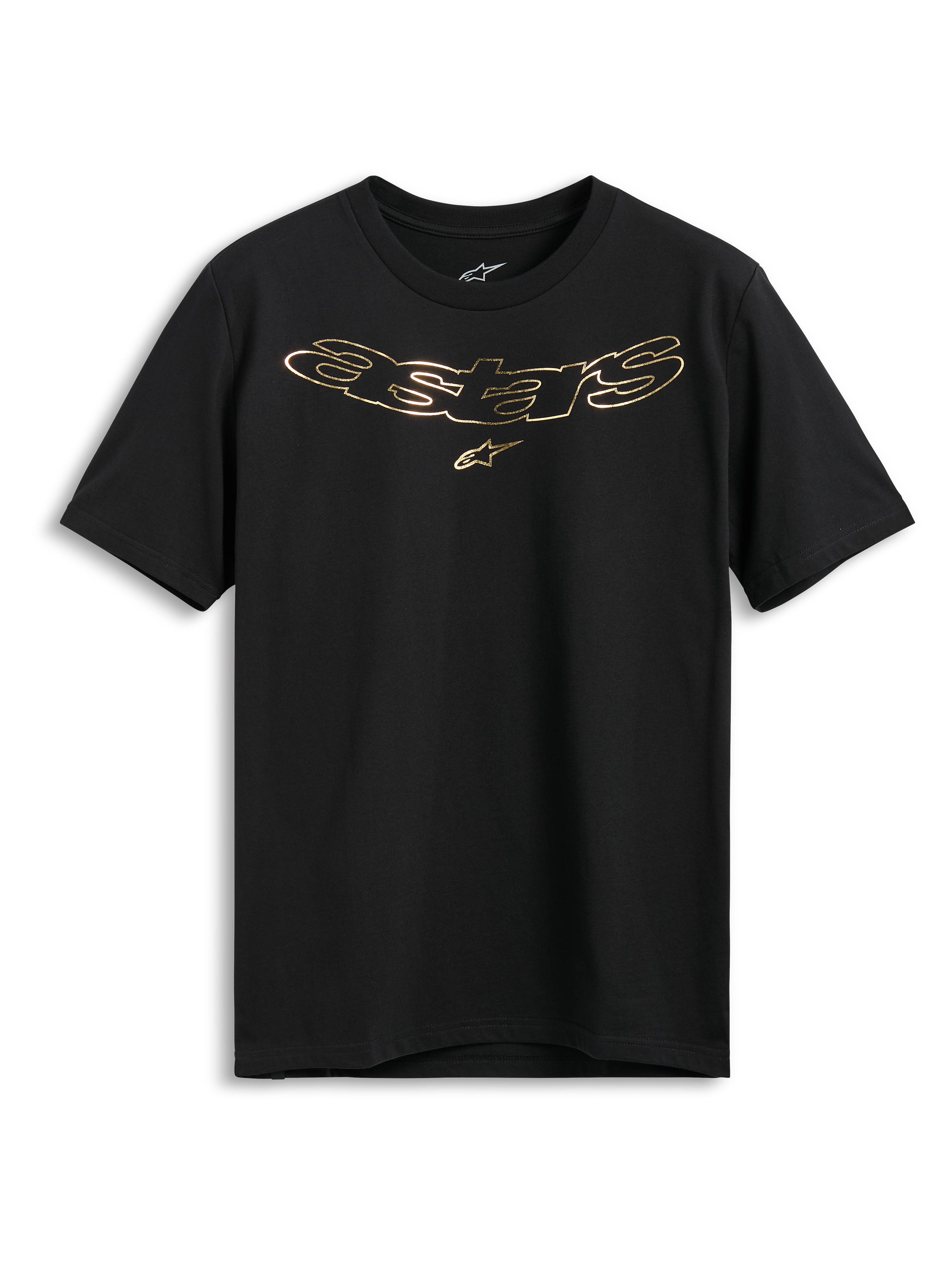 Alpinestars Luxo CSF Tee, maglietta a maniche corte, nera, logo Astars in oro metallizzato con simbolo della stella sul petto, abbigliamento casual motorsport