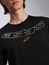 Alpinestars Luxo CSF Tee, t-shirt a maniche corte, nera con logo Astars con profilo dorato e grafica a stella, streetwear casual da motorsport