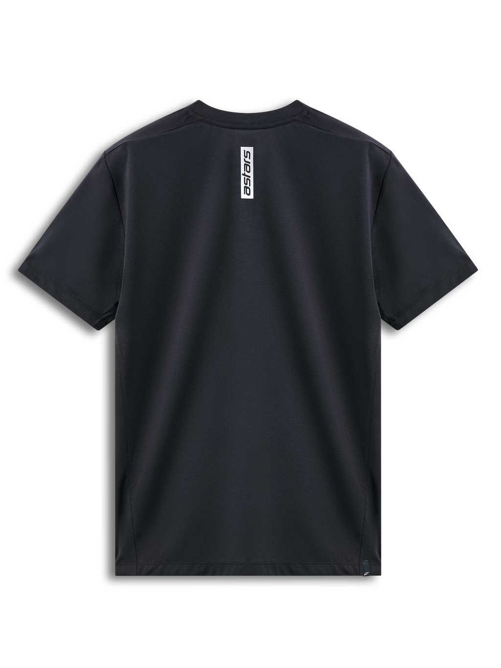 Alpinestars Point Performance Tee, maglietta a maniche corte, nero, vista posteriore con stampa verticale del logo Astars bianco sul collo, abbigliamento sportivo performante traspirante