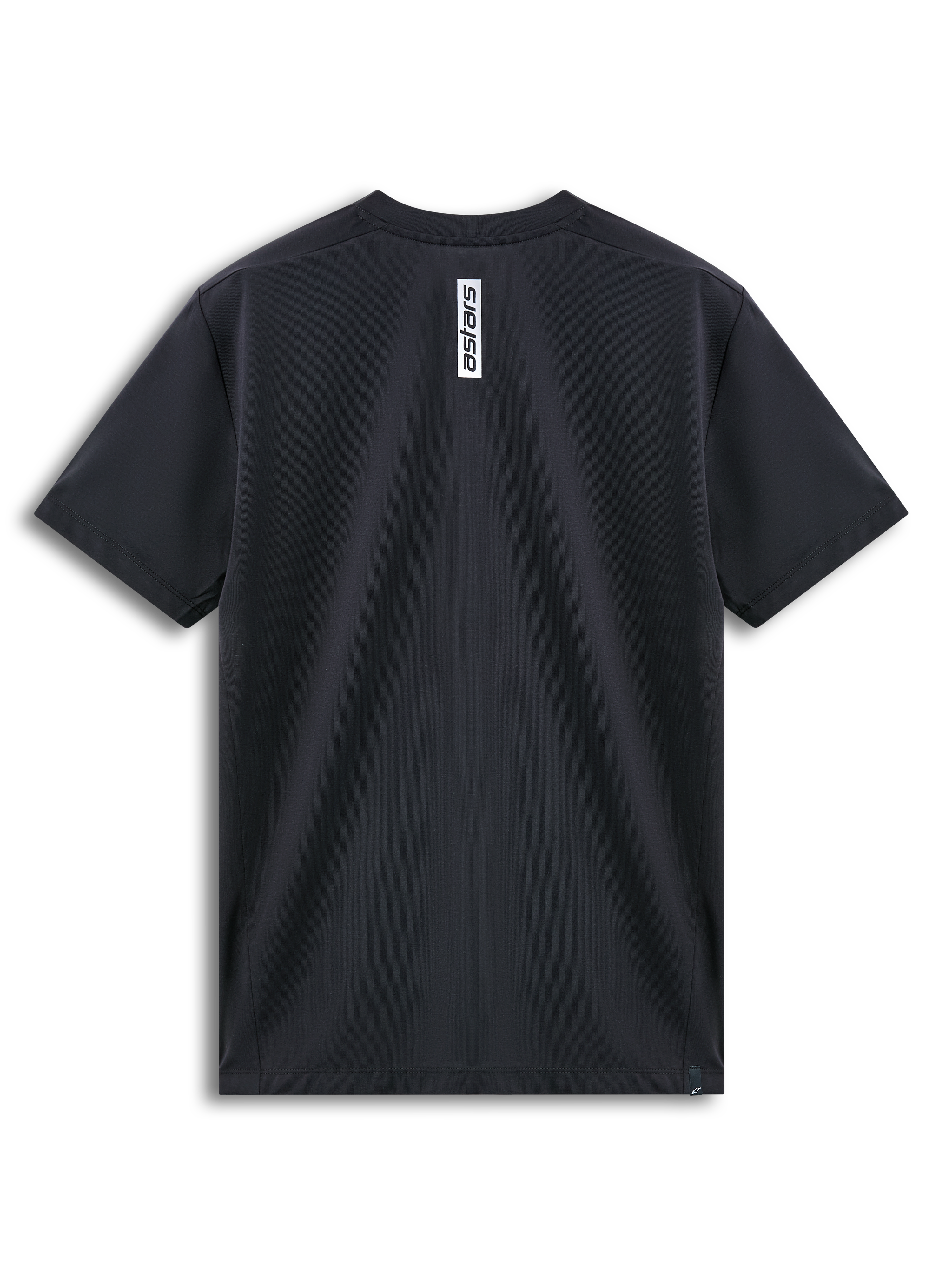 Alpinestars Point Performance Tee, maglietta a maniche corte, nero, vista posteriore con stampa verticale del logo Astars bianco sul collo, abbigliamento sportivo performante traspirante