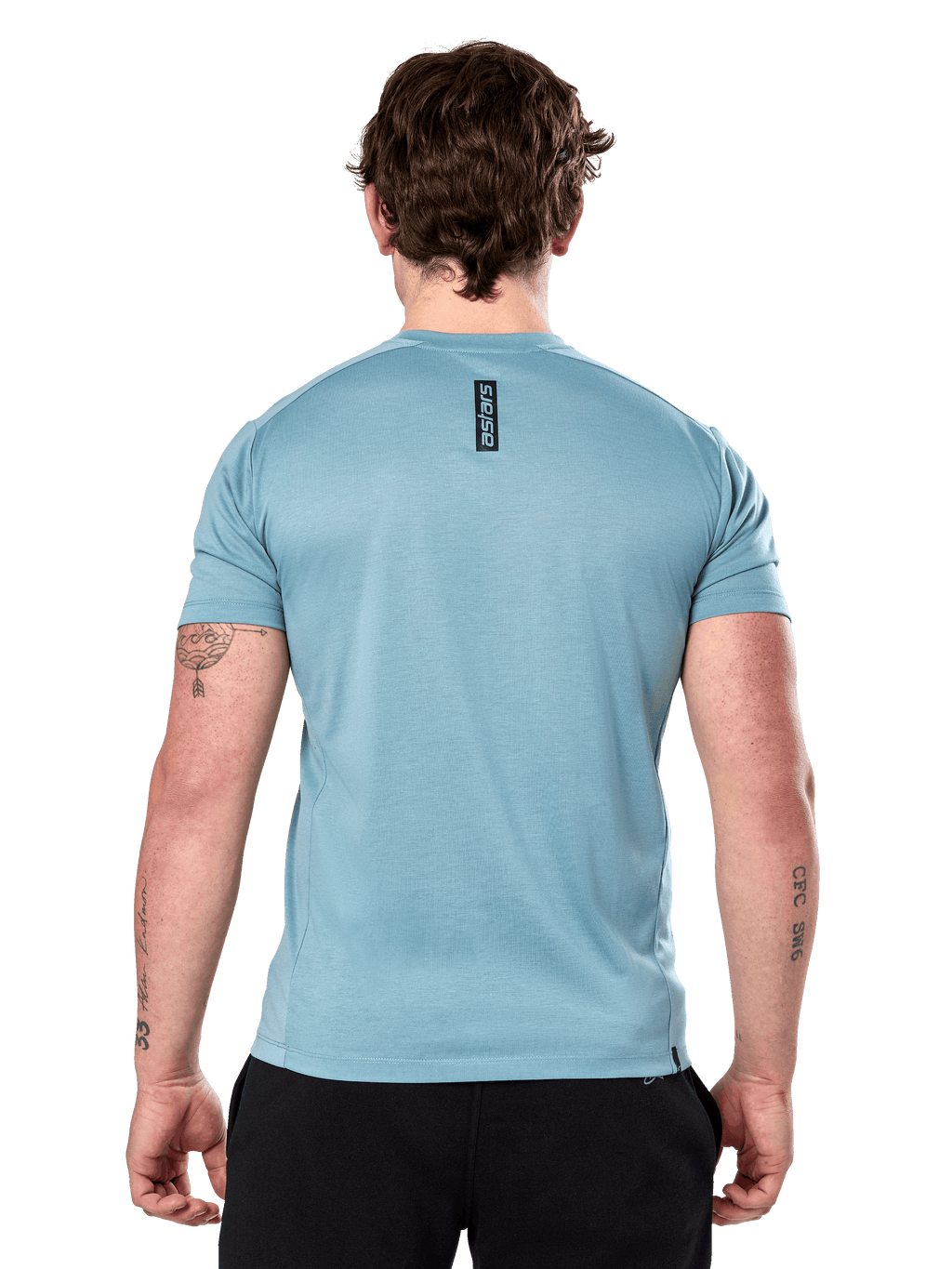 Alpinestars Point Performance Tee - Manica Corta, Ice Blue, vista posteriore con piccolo logo verticale 'astars' nero sulla parte superiore della schiena, tessuto tecnico traspirante, abbigliamento sportivo casual
