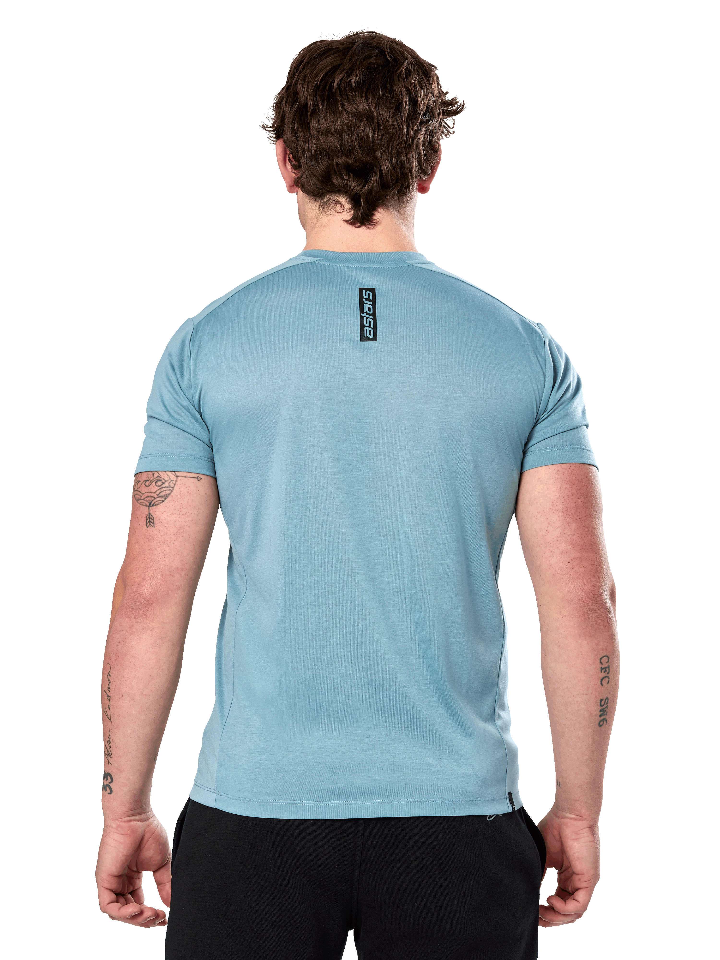Alpinestars Point Performance Tee - Manica Corta, Ice Blue, vista posteriore con piccolo logo verticale 'astars' nero sulla parte superiore della schiena, tessuto tecnico traspirante, abbigliamento sportivo casual