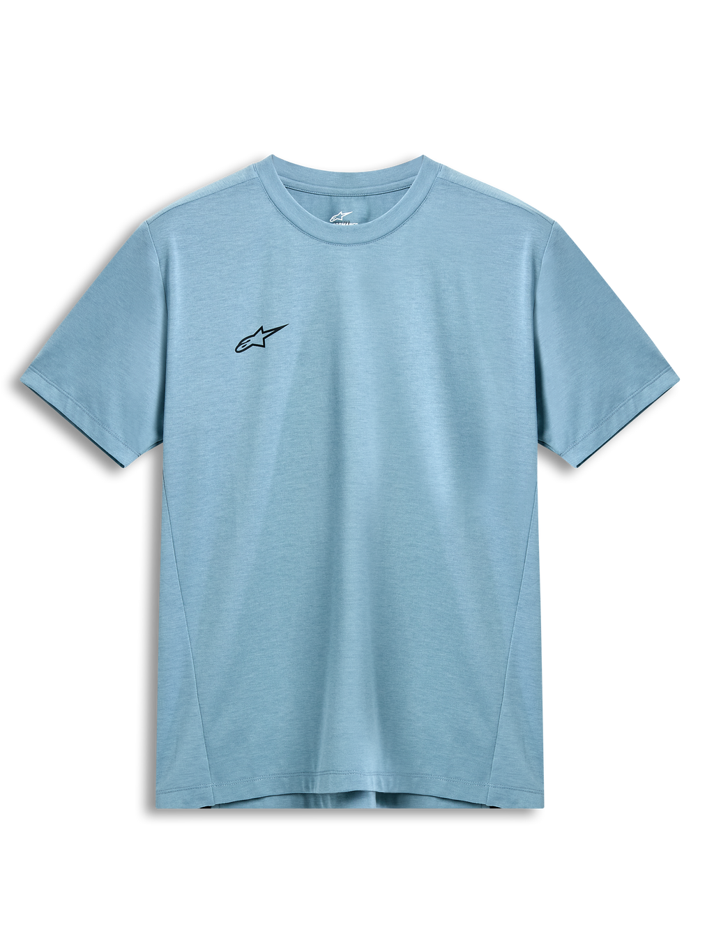 Alpinestars Point Performance Tee, t-shirt a maniche corte, Ice Blue, piccolo logo a stella nero sul petto, girocollo, tessuto tecnico traspirante sostenibile, abbigliamento casual motorsport