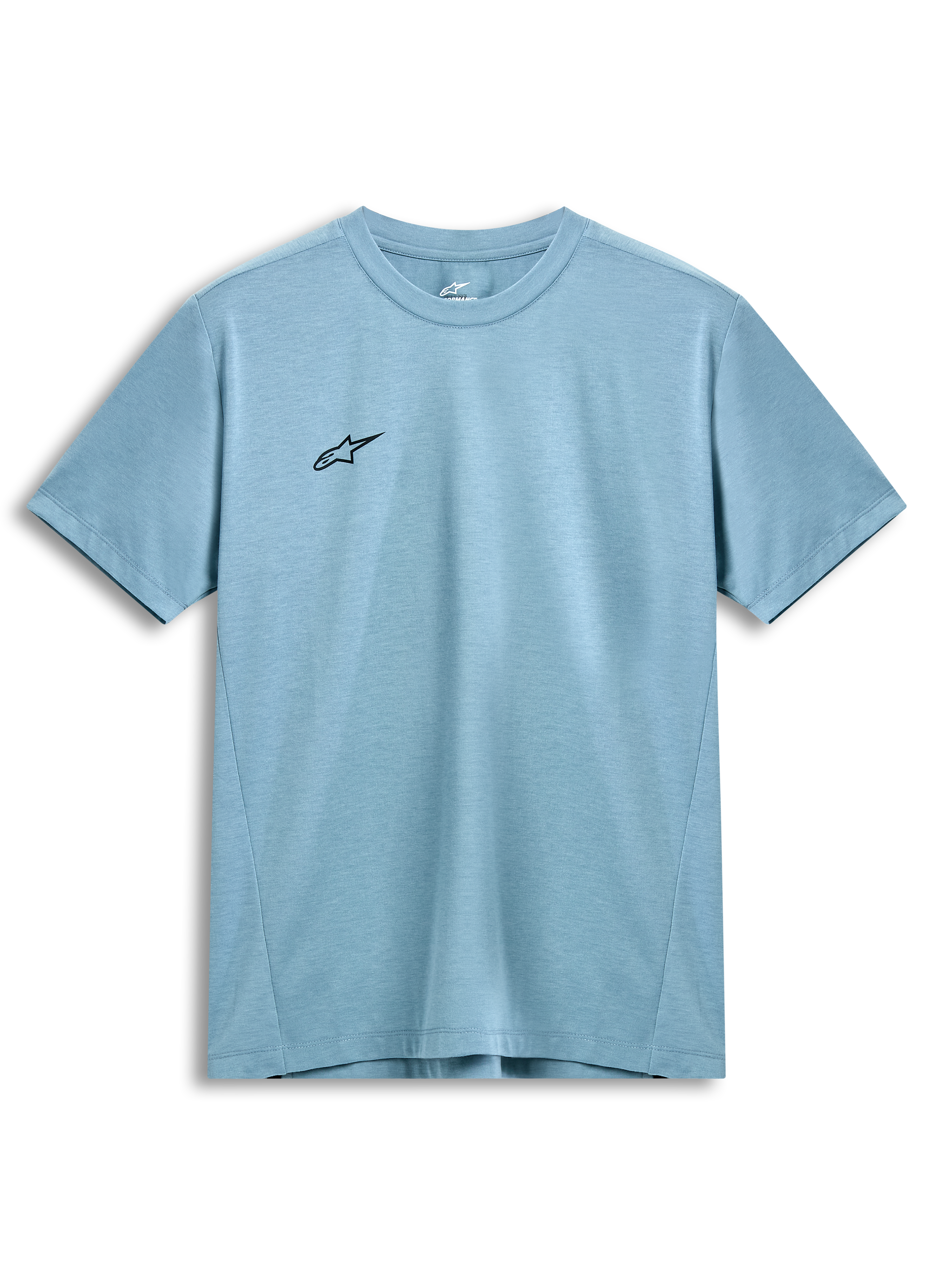 Alpinestars Point Performance Tee, t-shirt a maniche corte, Ice Blue, piccolo logo a stella nero sul petto, girocollo, tessuto tecnico traspirante sostenibile, abbigliamento casual motorsport