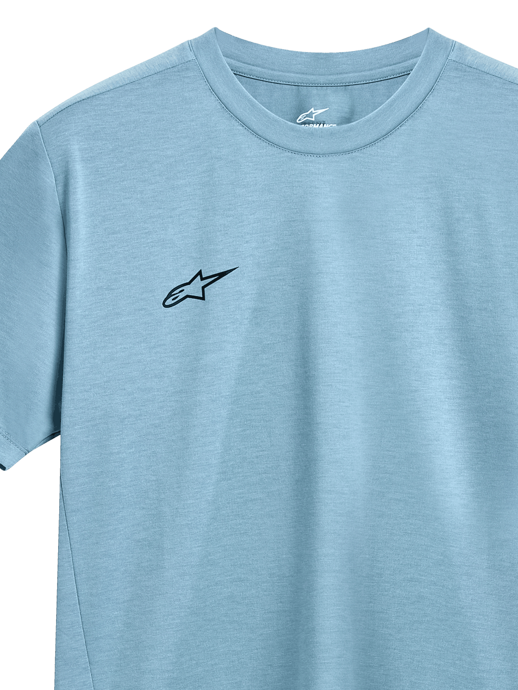 Alpinestars Point Performance Tee, t-shirt a maniche corte, Ice Blue, piccolo logo Alpinestars nero sul petto, girocollo, tessuto performante traspirante