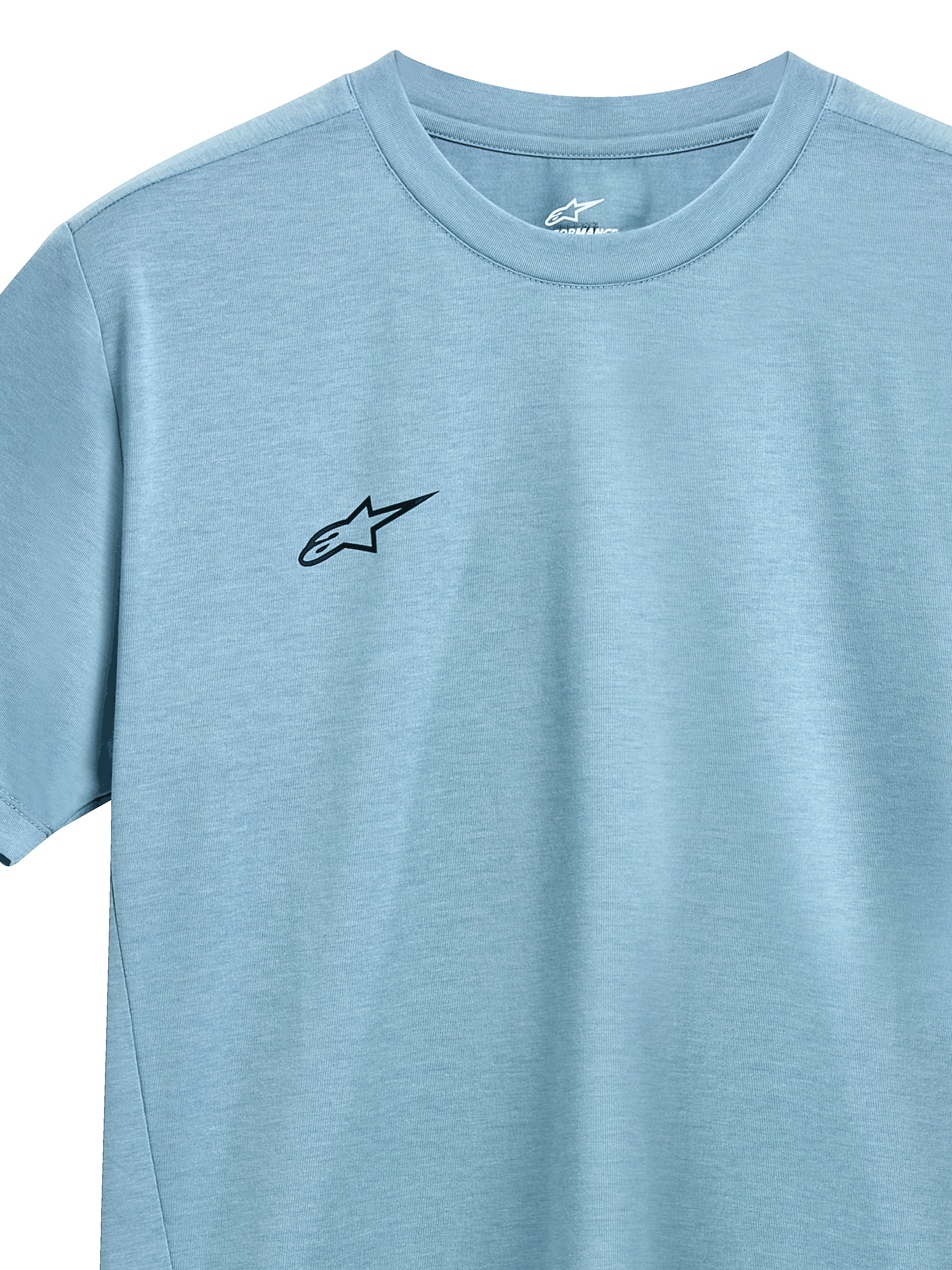 Alpinestars Point Performance Tee, t-shirt a maniche corte, Ice Blue, piccolo logo Alpinestars nero sul petto, girocollo, tessuto performante traspirante