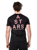 Alpinestars Attrition Performance Tee, t-shirt a maniche corte, nera, vista posteriore con grande grafica ASTARS verticale rosa e slogan, abbigliamento sportivo tecnico