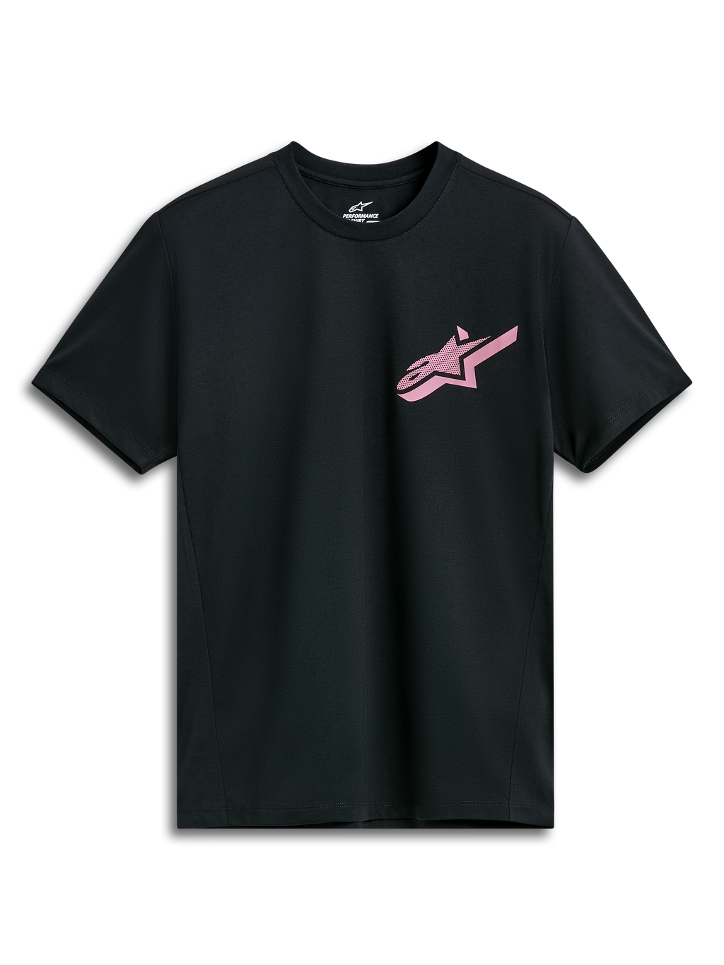 Alpinestars Attrition Performance Tee, t-shirt tecnica a maniche corte, nera con logo Alpinestars rosa, girocollo, abbigliamento sportivo tecnico