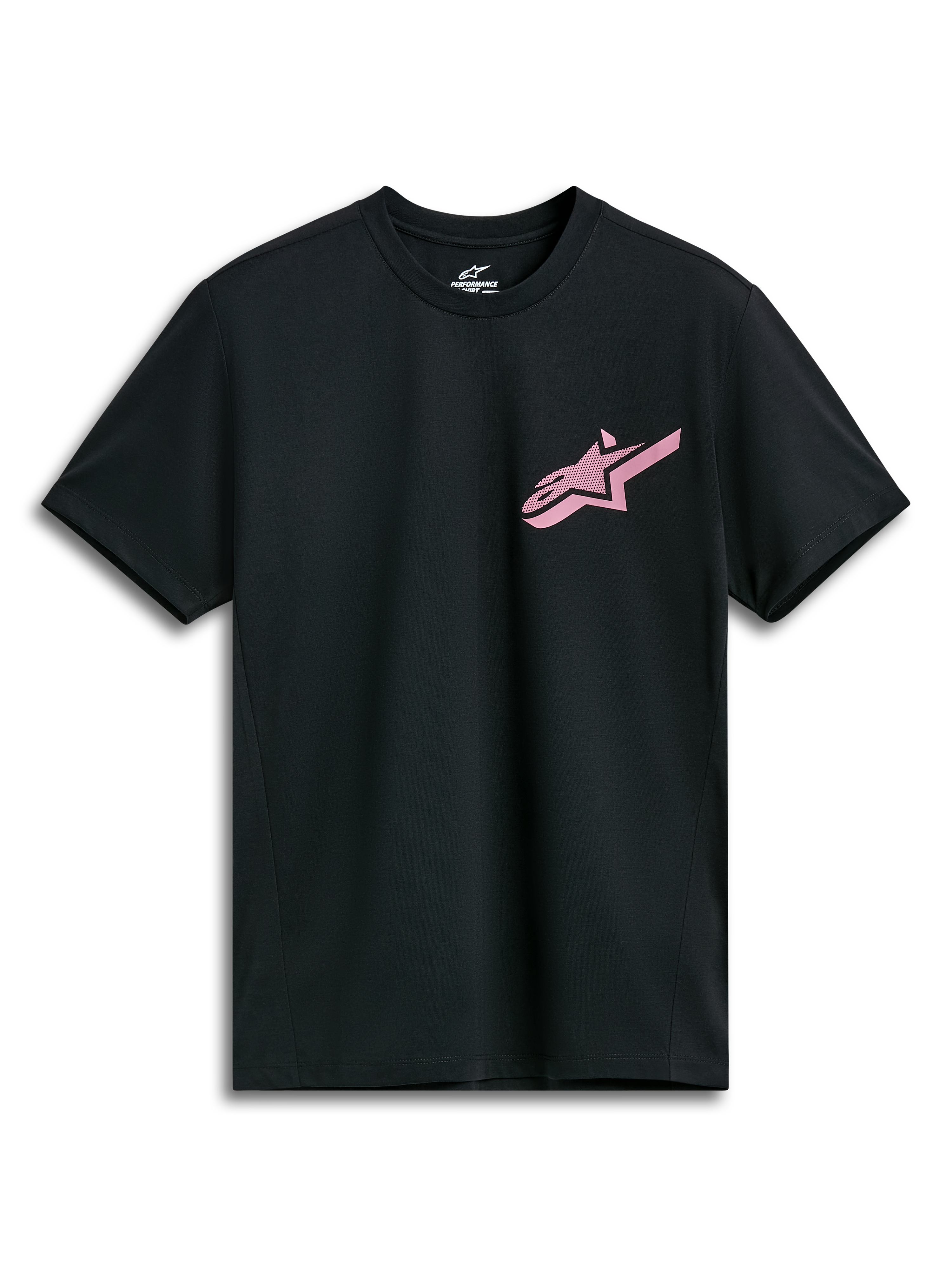Alpinestars Attrition Performance Tee, t-shirt tecnica a maniche corte, nera con logo Alpinestars rosa, girocollo, abbigliamento sportivo tecnico