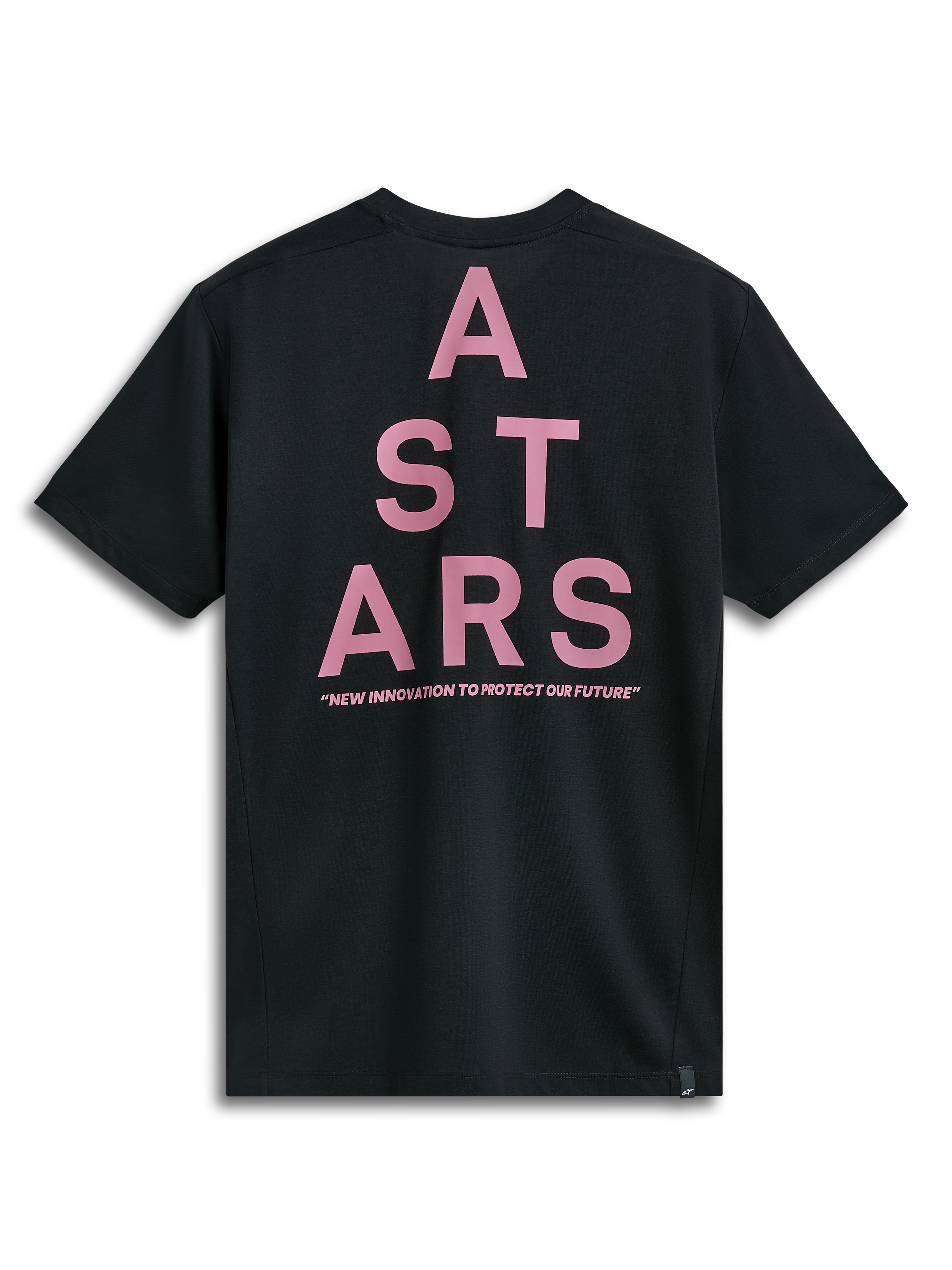 Alpinestars Attrition Performance Tee, maglietta a maniche corte, nero, vista posteriore con grande grafica rosa ASTARS a blocchi e testo 'NEW INNOVATION TO PROTECT OUR FUTURE', abbigliamento sportivo performante sostenibile