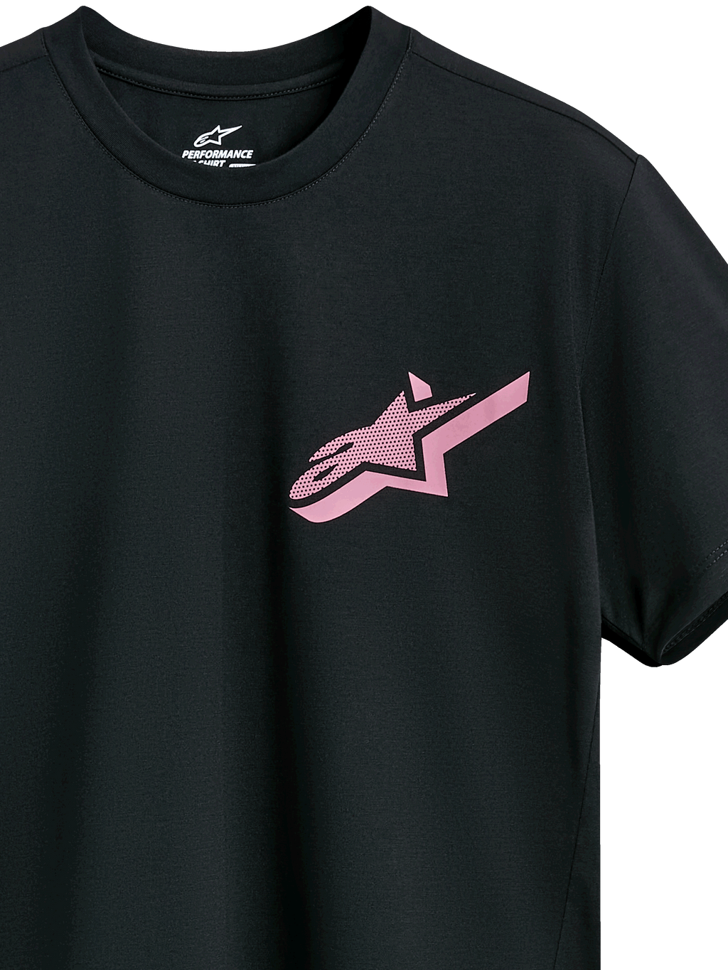 Alpinestars Attrition Performance Tee, maglietta a maniche corte, nero con logo Astars rosa, girocollo, abbigliamento sportivo tecnico