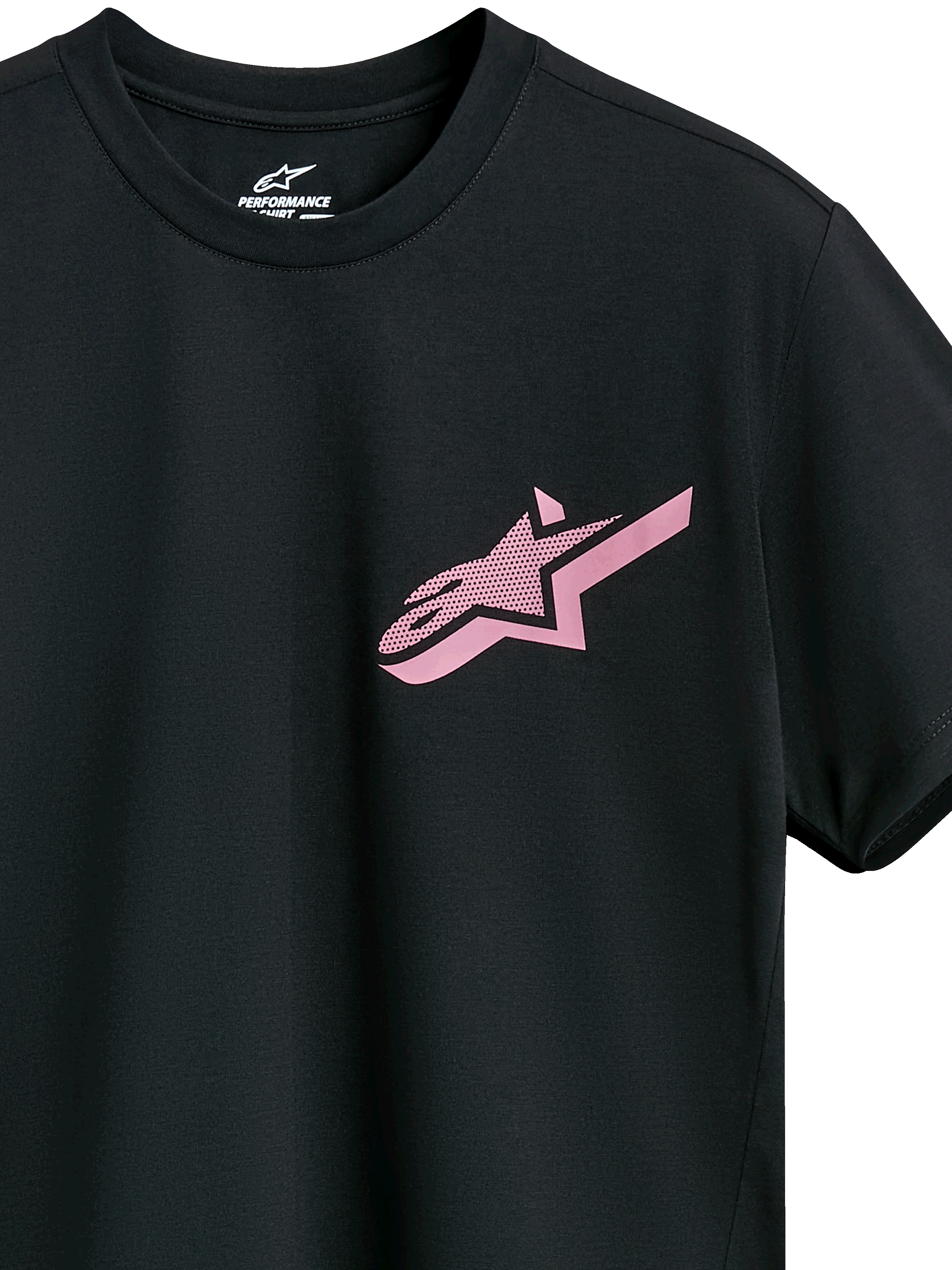 Alpinestars Attrition Performance Tee, maglietta a maniche corte, nero con logo Astars rosa, girocollo, abbigliamento sportivo tecnico