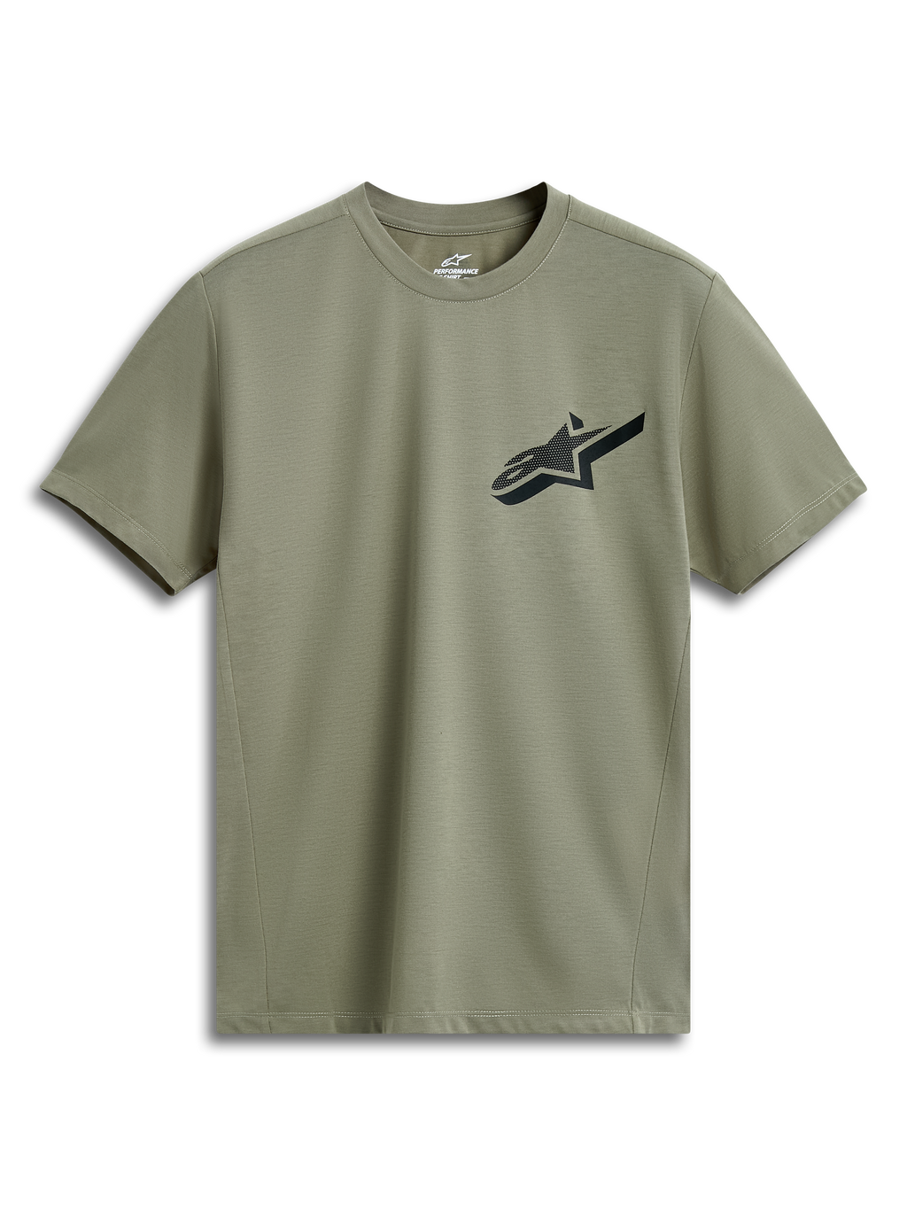 Alpinestars Attrition Performance Tee, t-shirt a maniche corte, verde chiaro, logo Astars nero sul petto, tessuto jersey tecnico, abbigliamento sportivo tecnico sostenibile