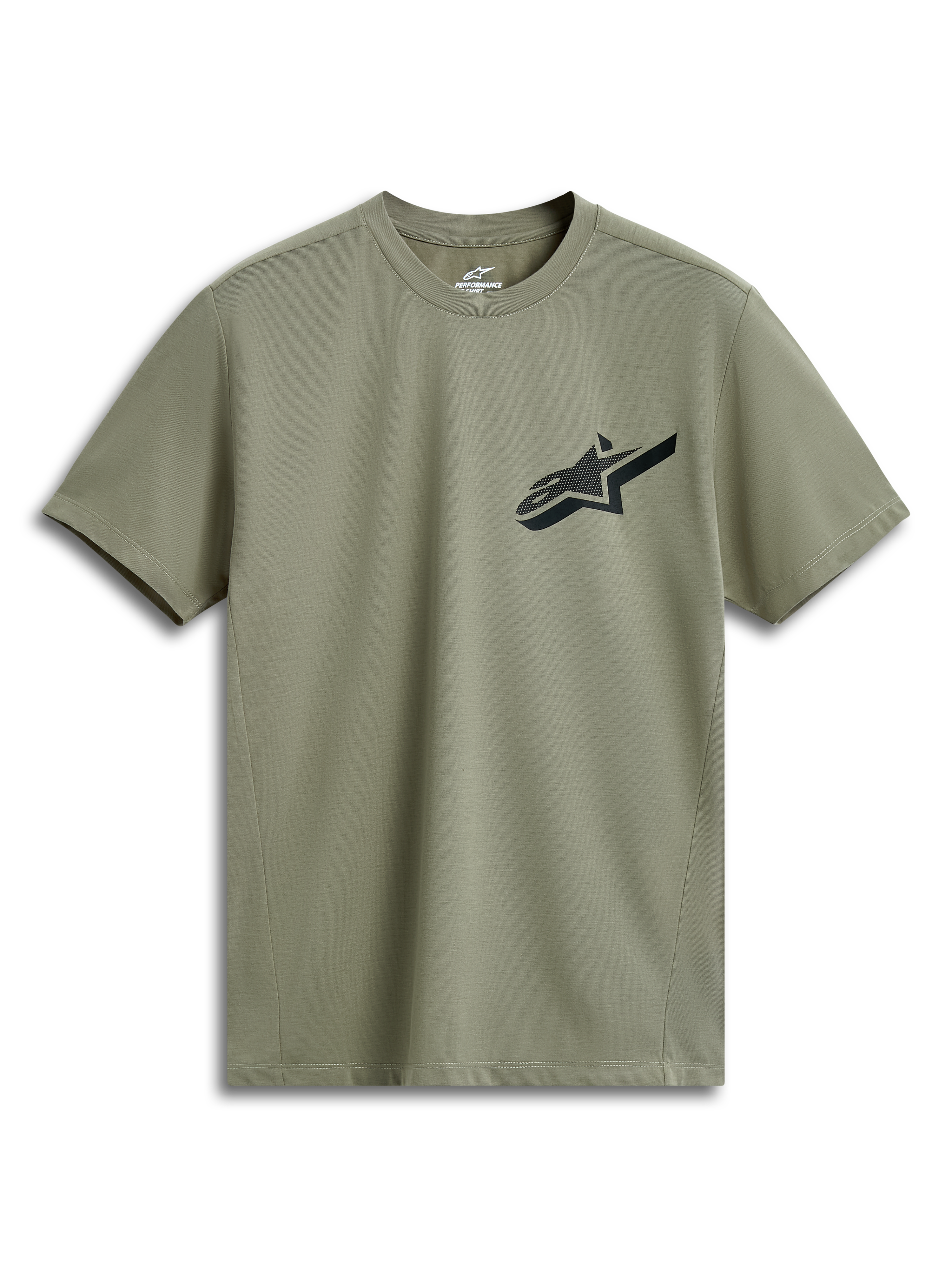 Alpinestars Attrition Performance Tee, t-shirt a maniche corte, verde chiaro, logo Astars nero sul petto, tessuto jersey tecnico, abbigliamento sportivo tecnico sostenibile