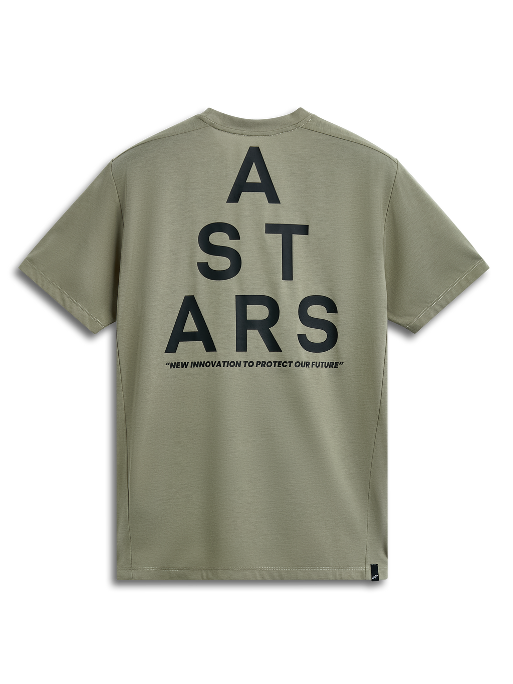 Alpinestars Attrition Performance Tee, maglietta a maniche corte, verde chiaro, vista posteriore con grande grafica nera ASTARS impilata e tagline "NEW INNOVATION TO PROTECT OUR FUTURE", abbigliamento sportivo casual ad alte prestazioni