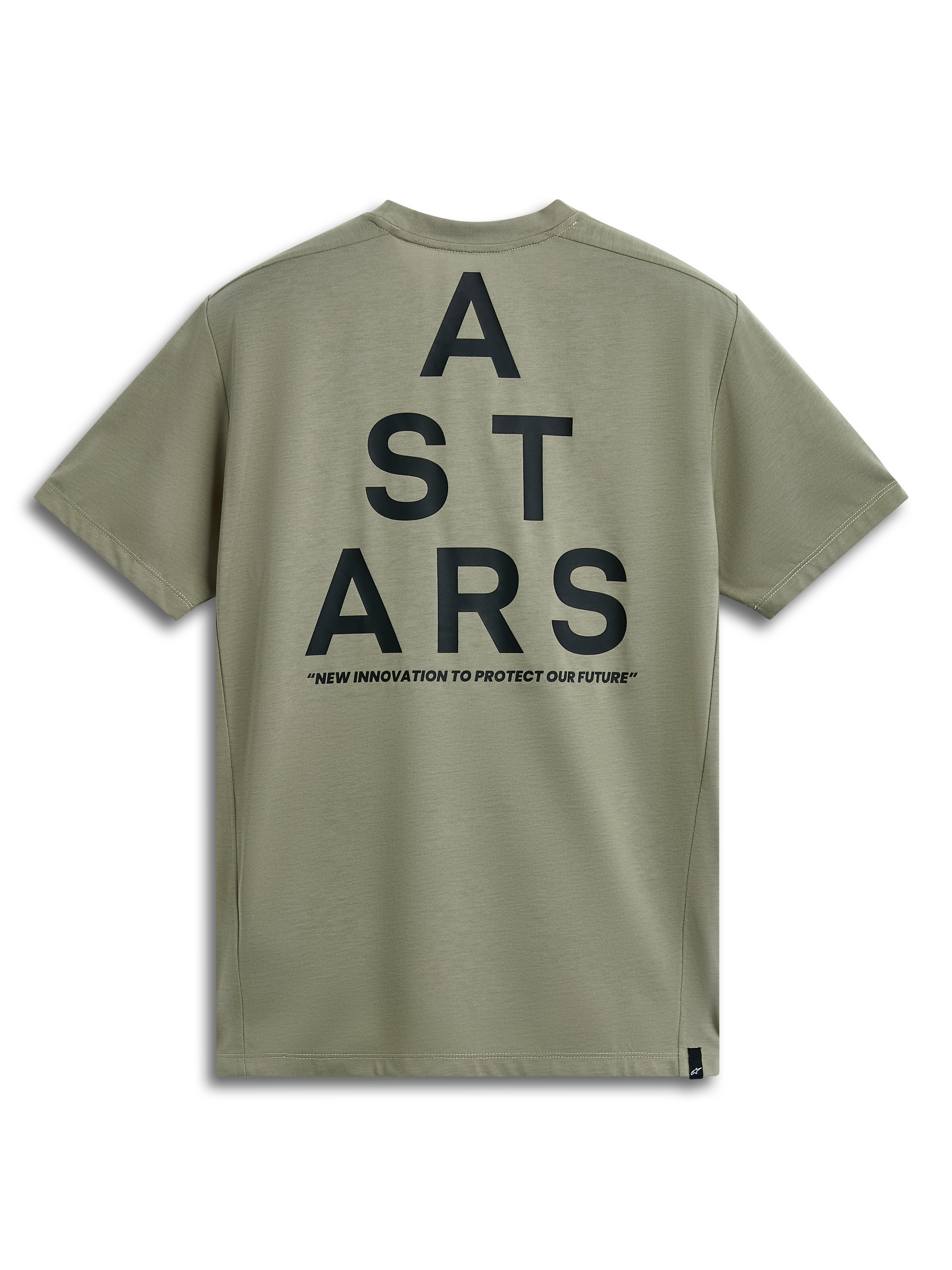 Alpinestars Attrition Performance Tee, maglietta a maniche corte, verde chiaro, vista posteriore con grande grafica nera ASTARS impilata e tagline "NEW INNOVATION TO PROTECT OUR FUTURE", abbigliamento sportivo casual ad alte prestazioni