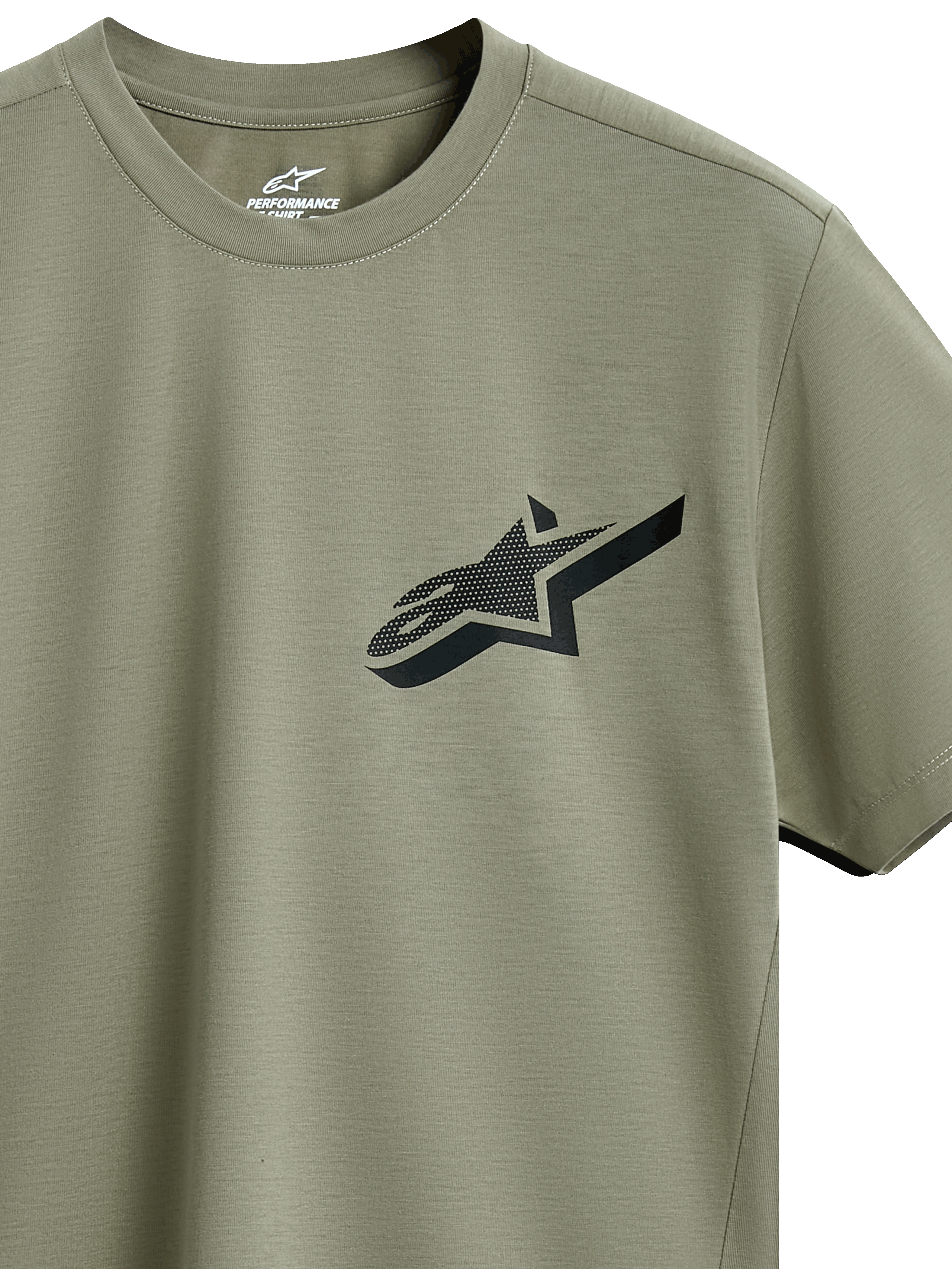 Alpinestars Attrition Performance Tee, t-shirt a maniche corte, verde chiaro, logo Astars nero con motivo testurizzato sul petto, tessuto performante traspirante sostenibile