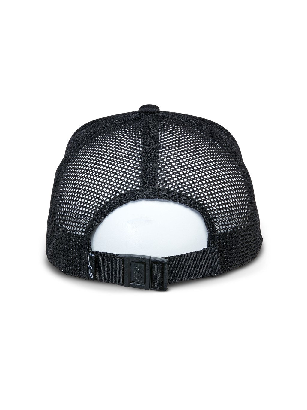 Cappello Trucker Alpinestars Alter, nero, vista posteriore con pannelli in mesh riciclato traspirante e chiusura regolabile con fibbia, accessorio sportivo casual