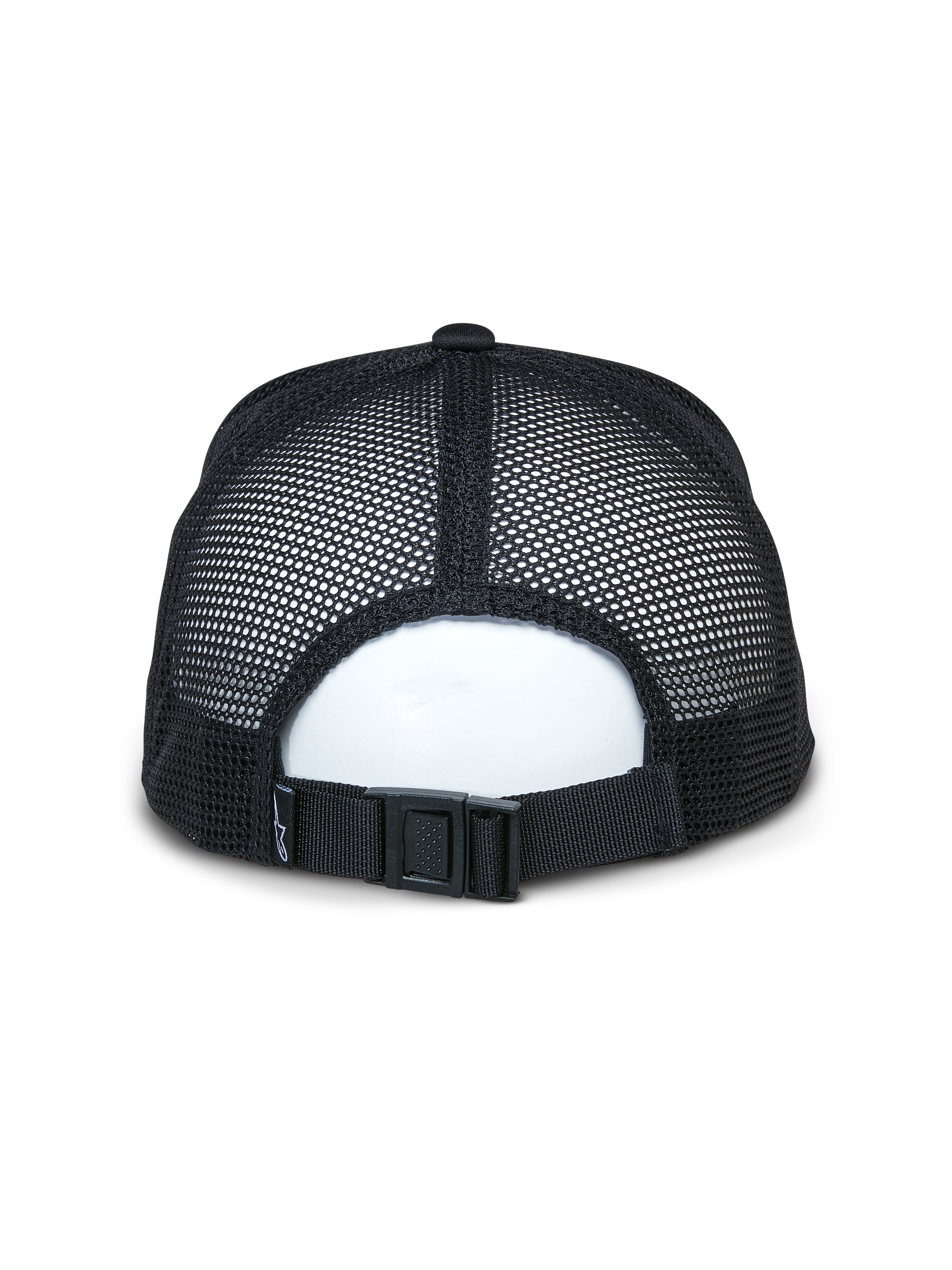 Cappello Trucker Alpinestars Alter, nero, vista posteriore con pannelli in mesh riciclato traspirante e chiusura regolabile con fibbia, accessorio sportivo casual