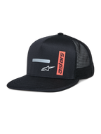 Alpinestars Alter Trucker Hat, cappellino trucker nero con corona strutturata e visiera piatta, retro in rete traspirante, con striscia grigia riflettente orizzontale, logo A-star bianco e grafica astars arancione verticale, streetwear casual ispirato al motorsport