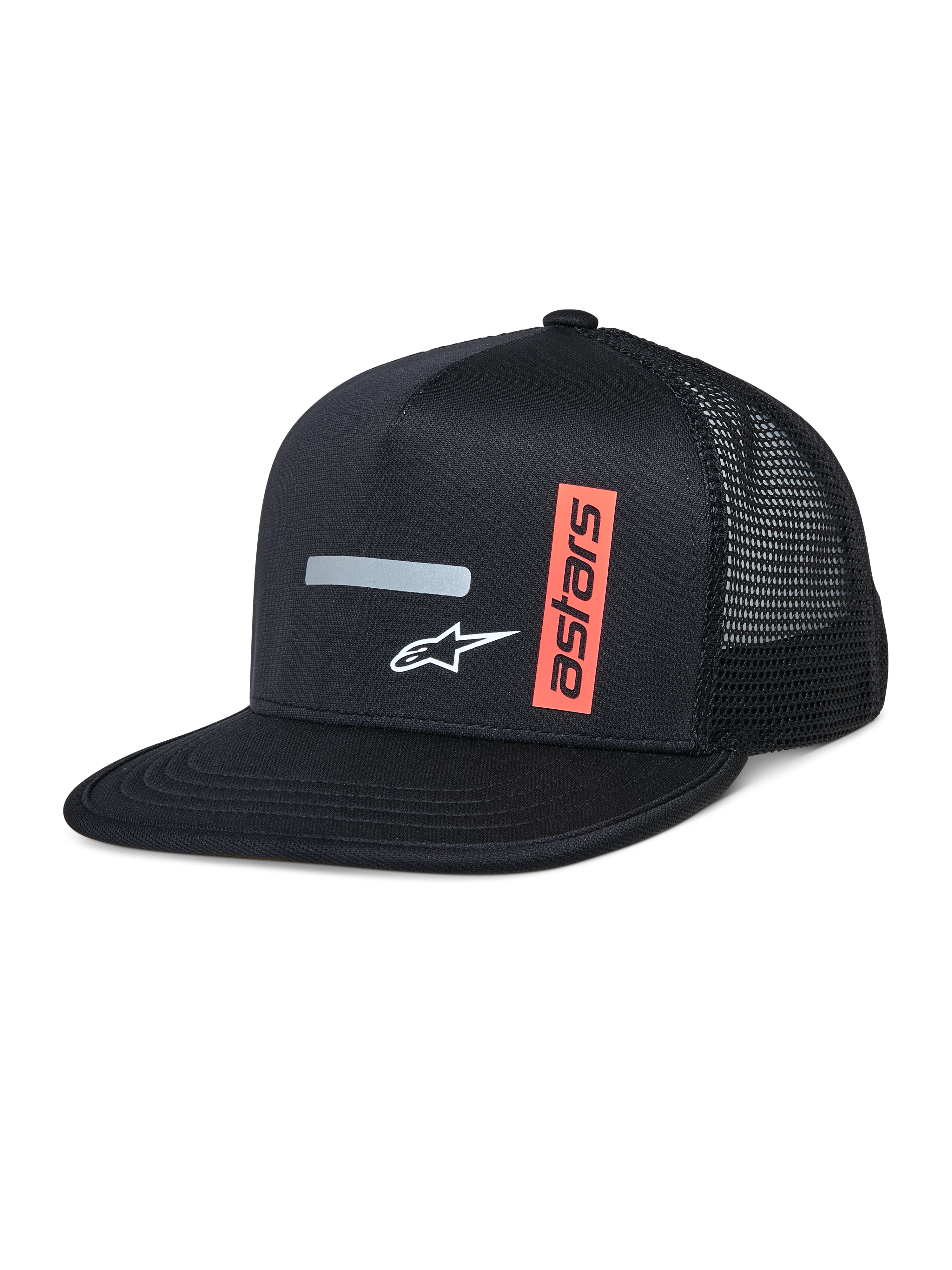 Alpinestars Alter Trucker Hat, cappellino trucker nero con corona strutturata e visiera piatta, retro in rete traspirante, con striscia grigia riflettente orizzontale, logo A-star bianco e grafica astars arancione verticale, streetwear casual ispirato al motorsport