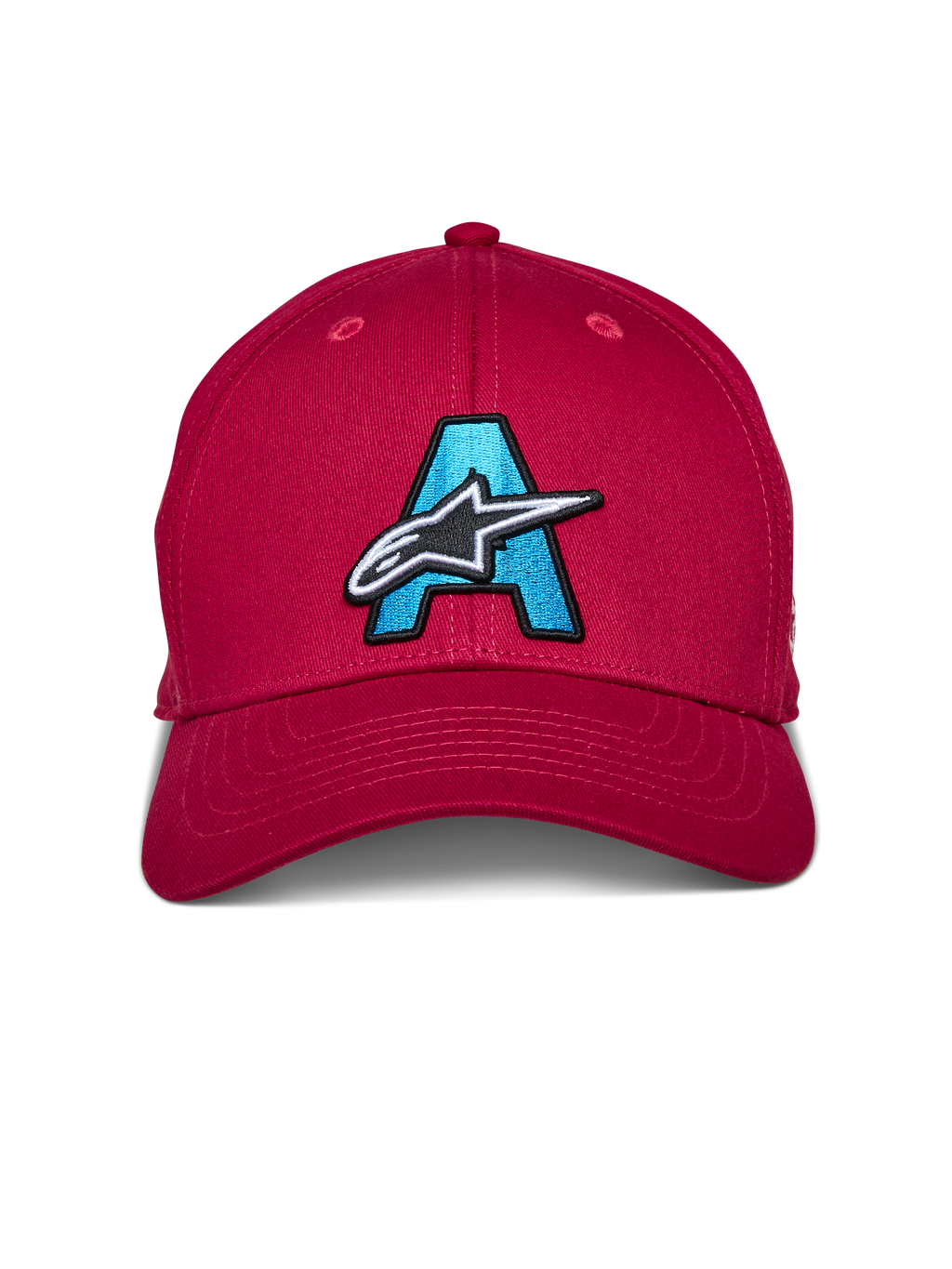 Alpinestars Elemental Hat, rosso, cappello con visiera curva e corona strutturata, caratterizzato da una grande 'A' azzurra ricamata con logo a stella Alpinestars bianco e nero sul davanti, copricapo casual da motorsport