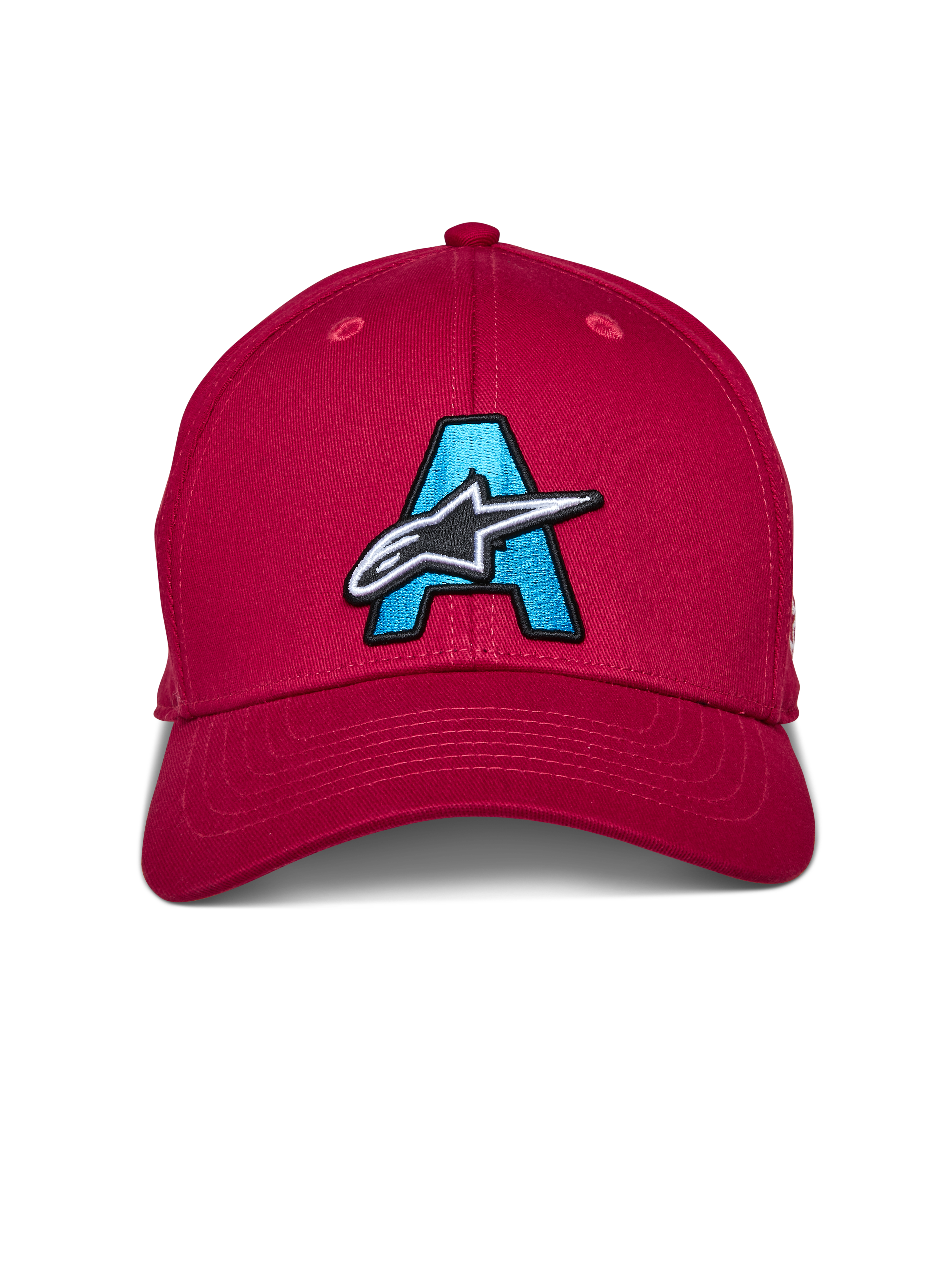 Alpinestars Elemental Hat, rosso, cappello con visiera curva e corona strutturata, caratterizzato da una grande 'A' azzurra ricamata con logo a stella Alpinestars bianco e nero sul davanti, copricapo casual da motorsport