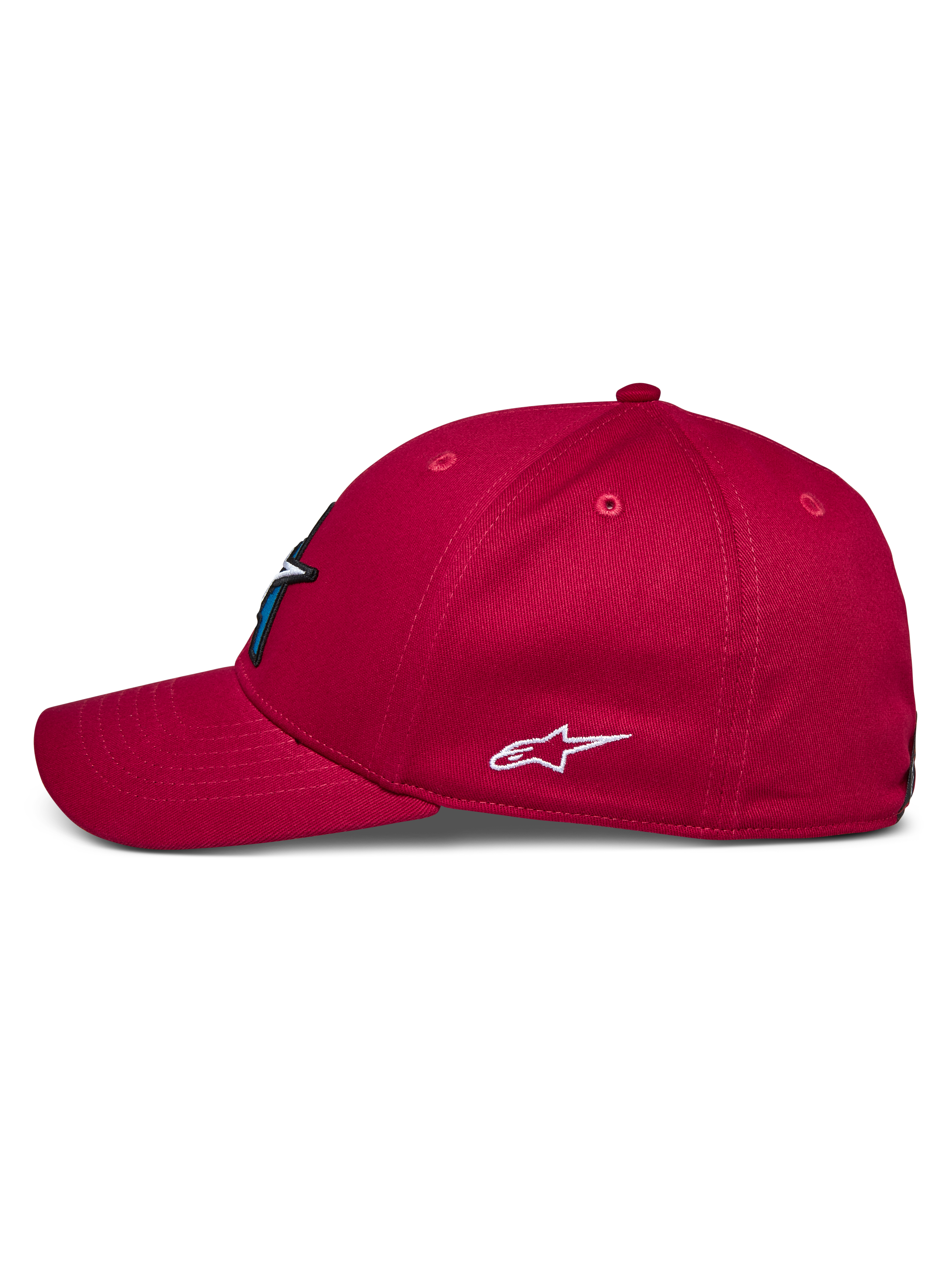 Cappello Alpinestars Elemental, rosso, vista di profilo laterale, visiera curva e corona strutturata, logo Alpinestars bianco ricamato sul lato, copricapo casual di ispirazione motorsport