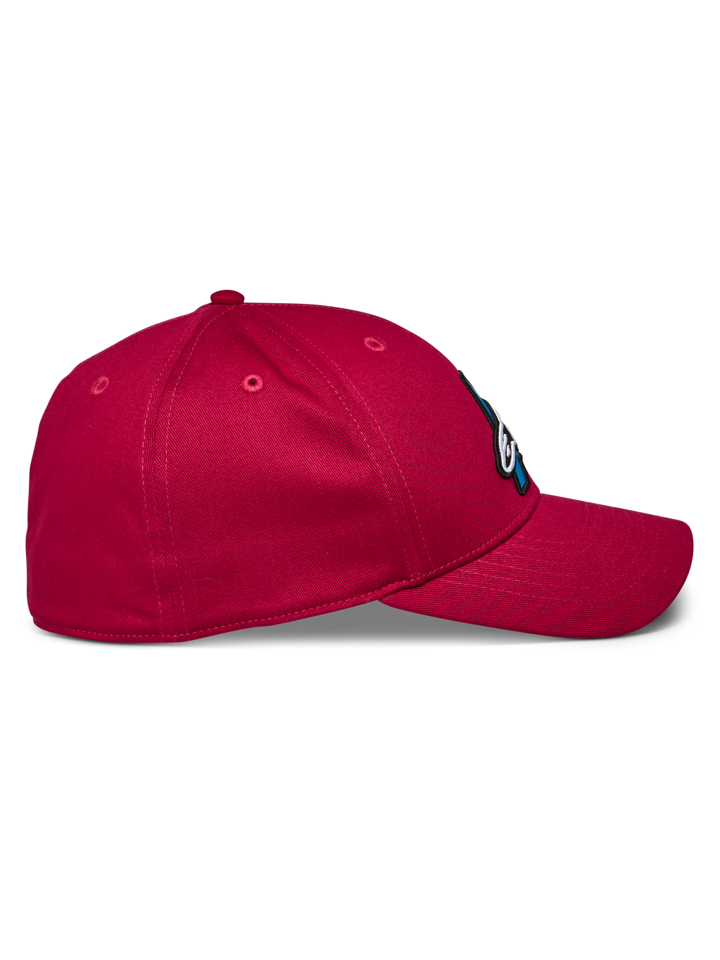 Cappello Alpinestars Elemental, cappellino da baseball rosso, vista di profilo laterale con visiera curva e corona strutturata, tessuto twill elasticizzato, abbigliamento sportivo casual da motorsport